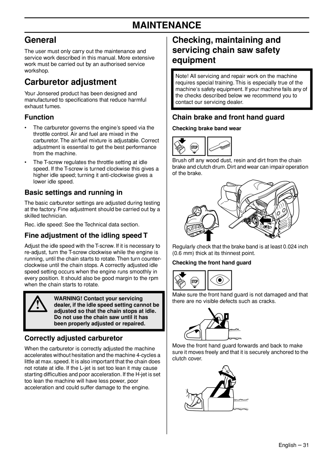 Jonsered CS 2245S, CS 2250S manual Maintenance, General, Carburetor adjustment 