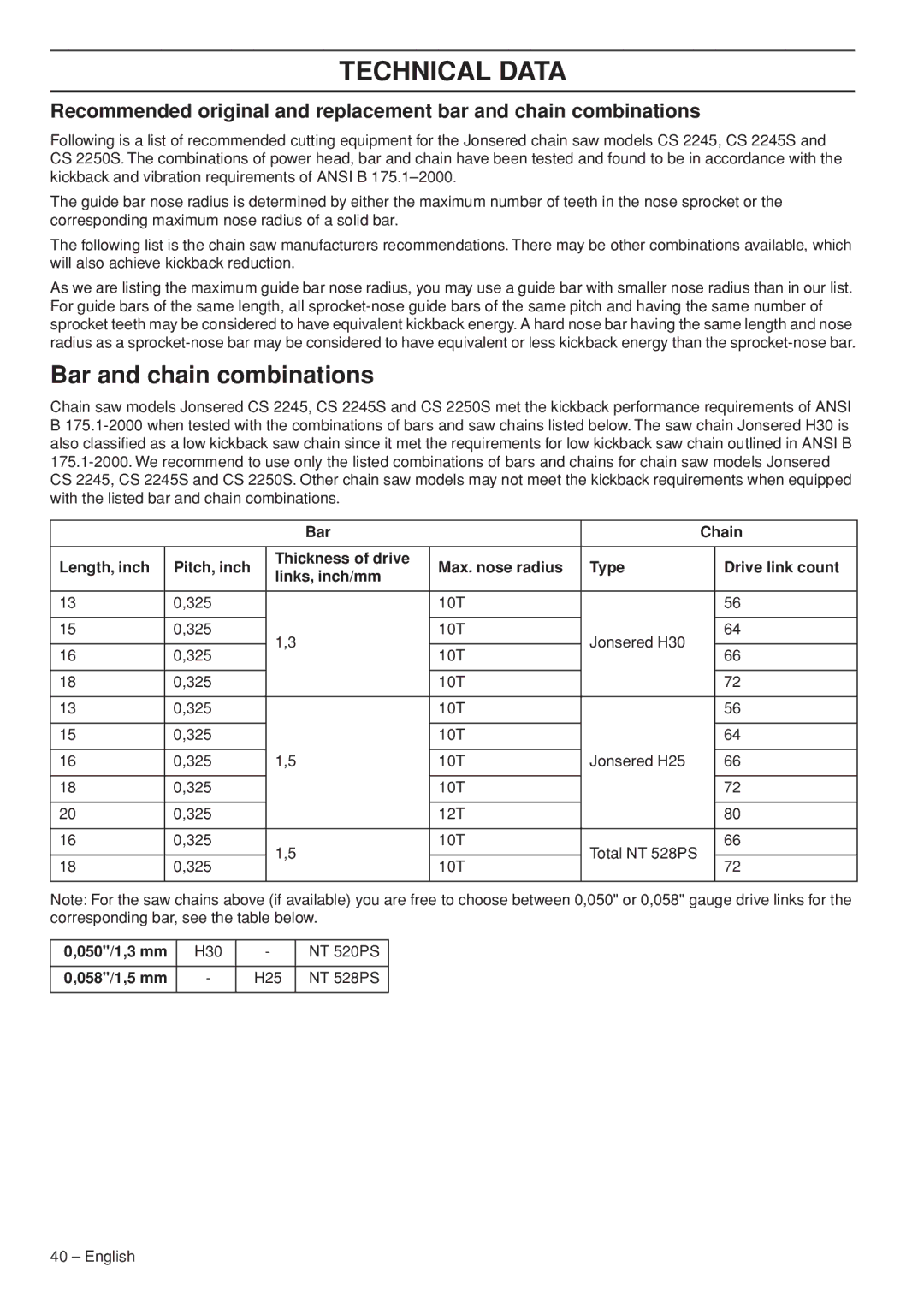 Jonsered CS 2245S, CS 2250S manual Bar and chain combinations, 050/1,3 mm, 058/1,5 mm 