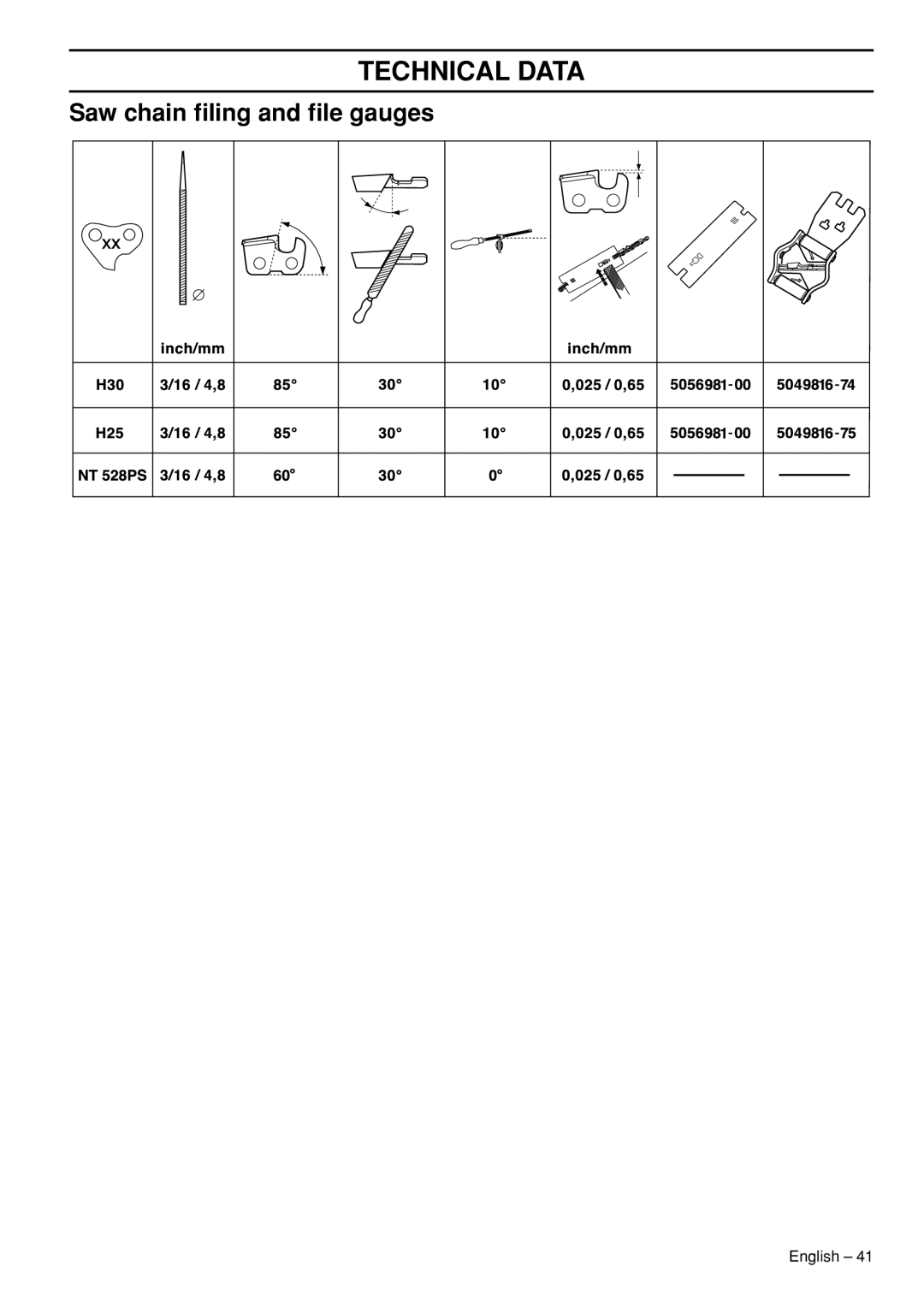 Jonsered CS 2250S, CS 2245S manual Saw chain ﬁling and ﬁle gauges 