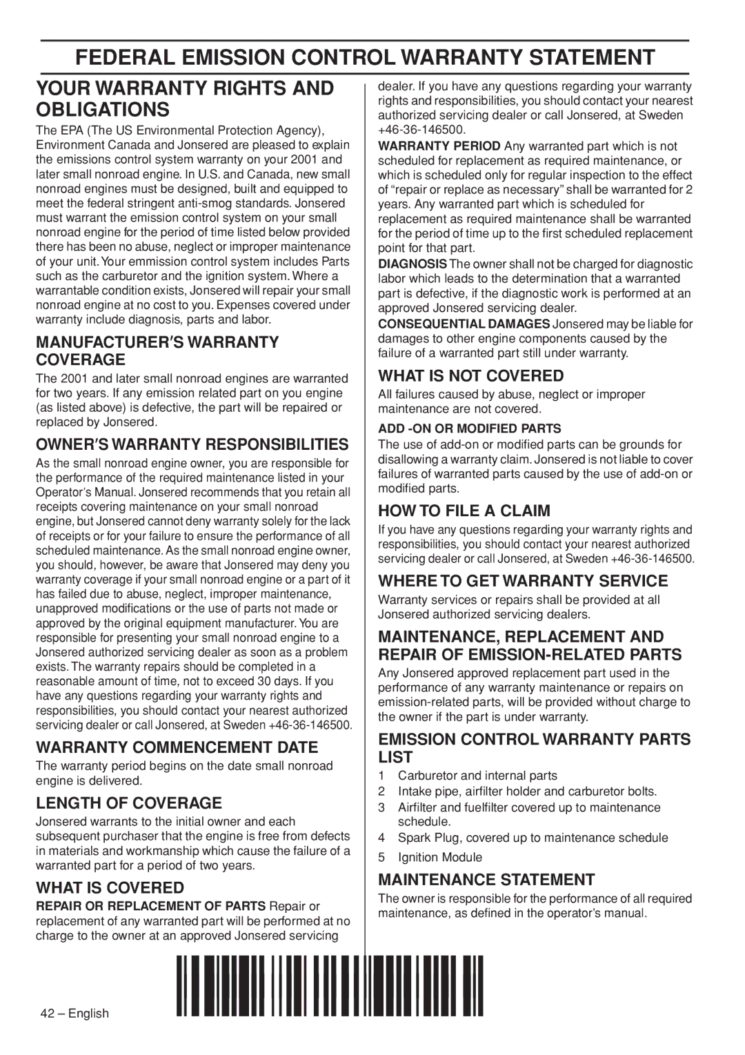 Jonsered CS 2245S, CS 2250S manual Federal Emission Control Warranty Statement, Repair or Replacement of Parts Repair or 