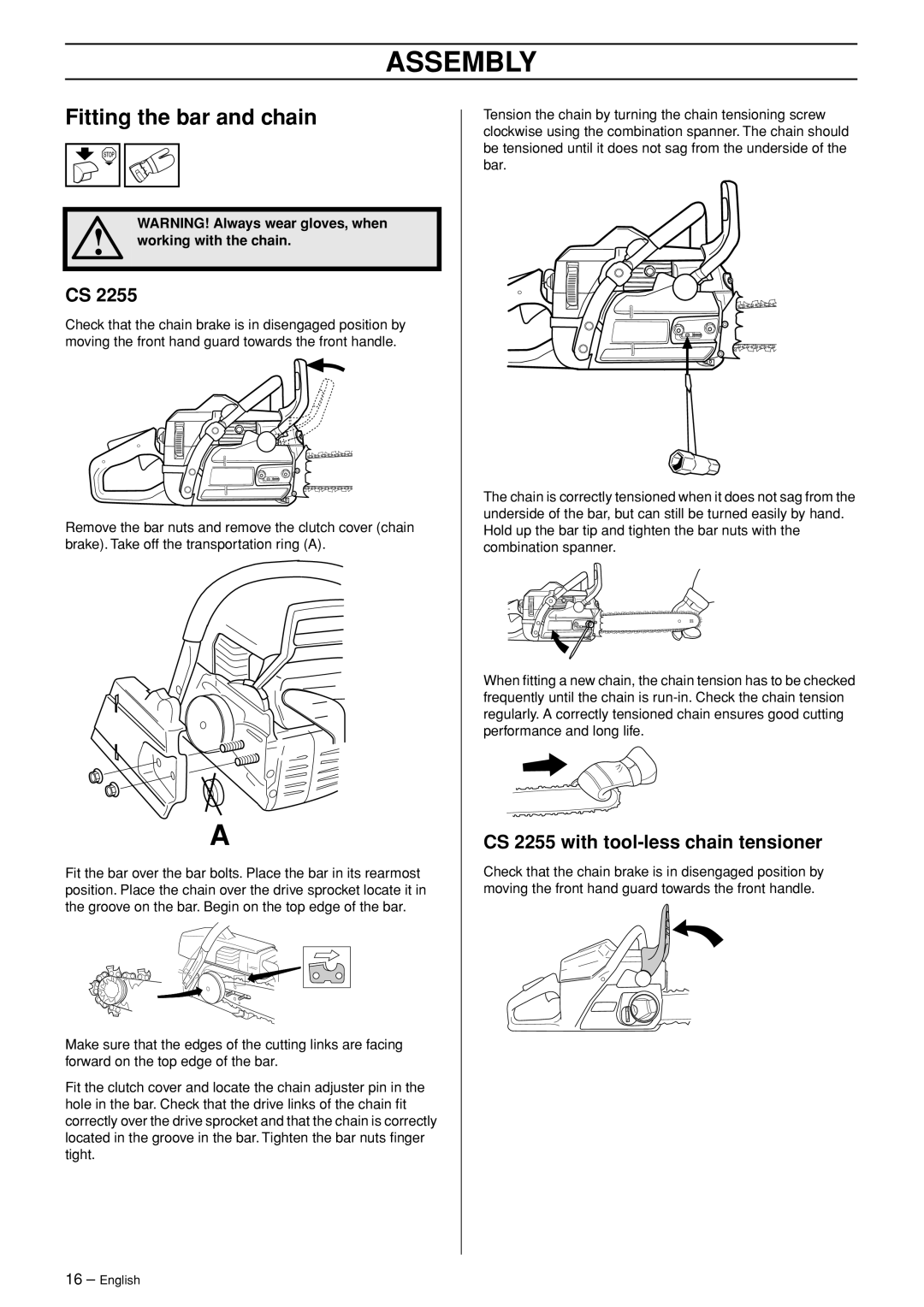 Jonsered manual Assembly, Fitting the bar and chain, CS 2255 with tool-less chain tensioner 