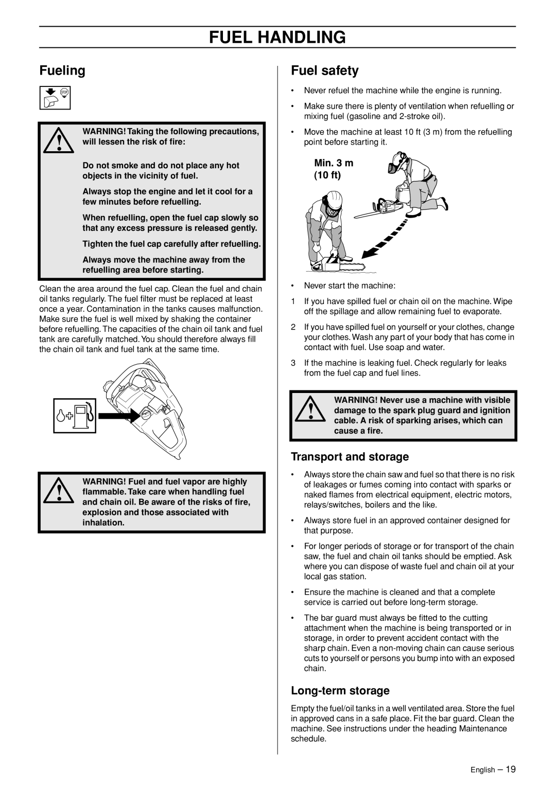 Jonsered CS 2255 manual Fueling, Fuel safety, Transport and storage, Long-term storage 