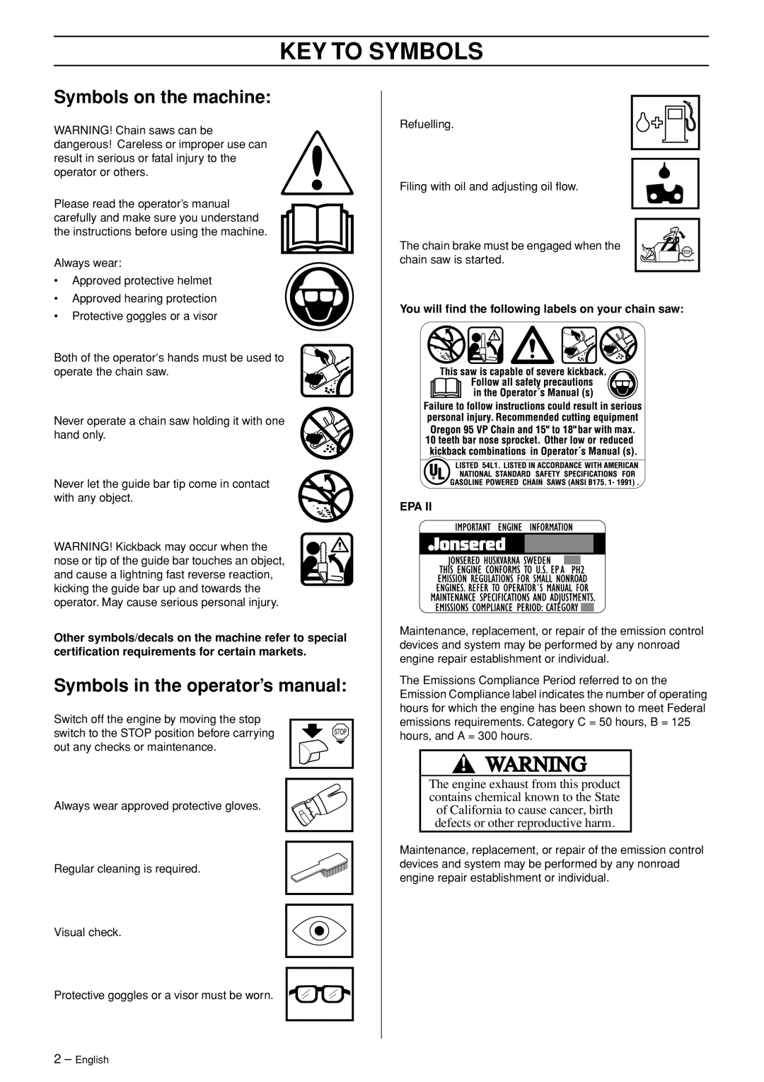 Jonsered CS 2255 KEY to Symbols, Symbols on the machine, Symbols in the operator’s manual 