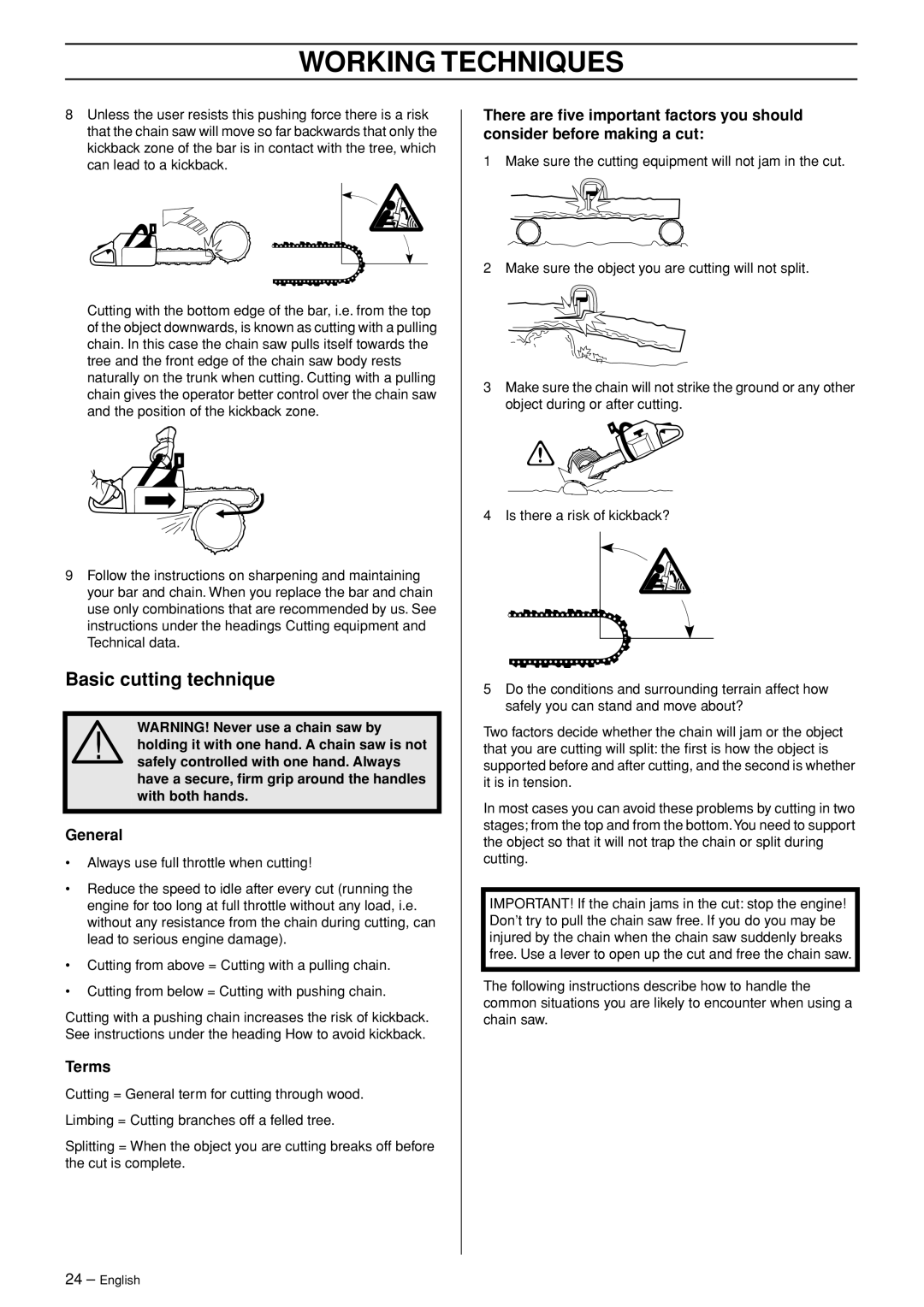 Jonsered CS 2255 manual Basic cutting technique, General, Terms 