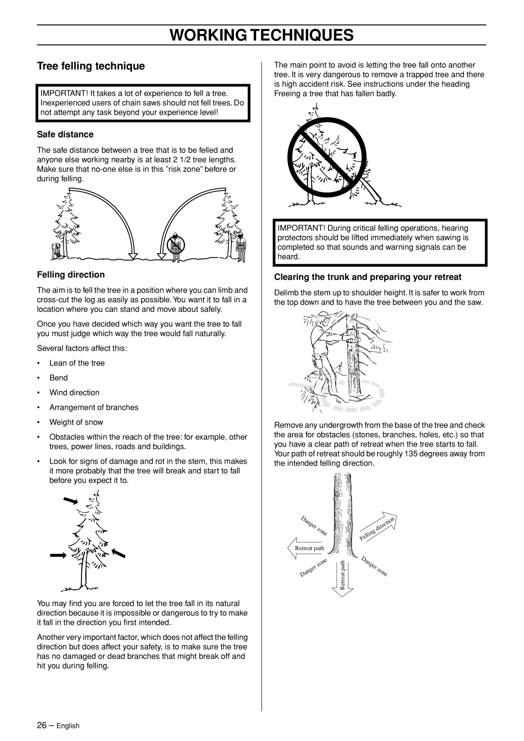 Jonsered CS 2255 Tree felling technique, Safe distance, Felling direction, Clearing the trunk and preparing your retreat 