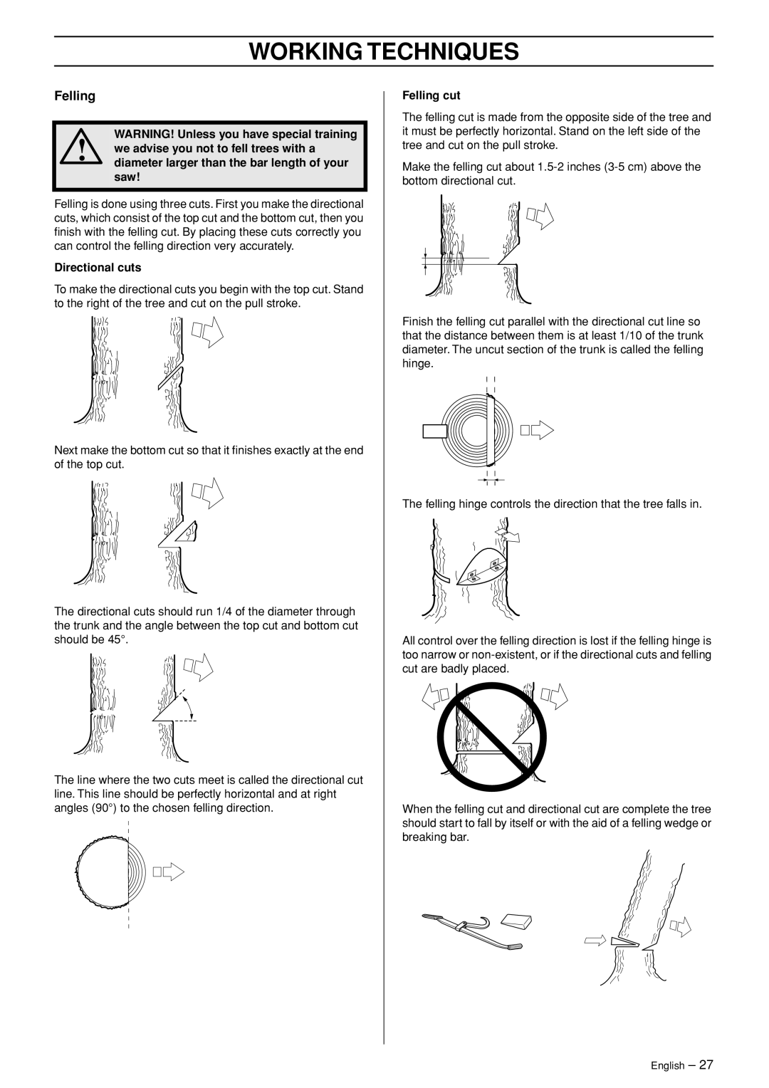 Jonsered CS 2255 manual Felling, Directional cuts 