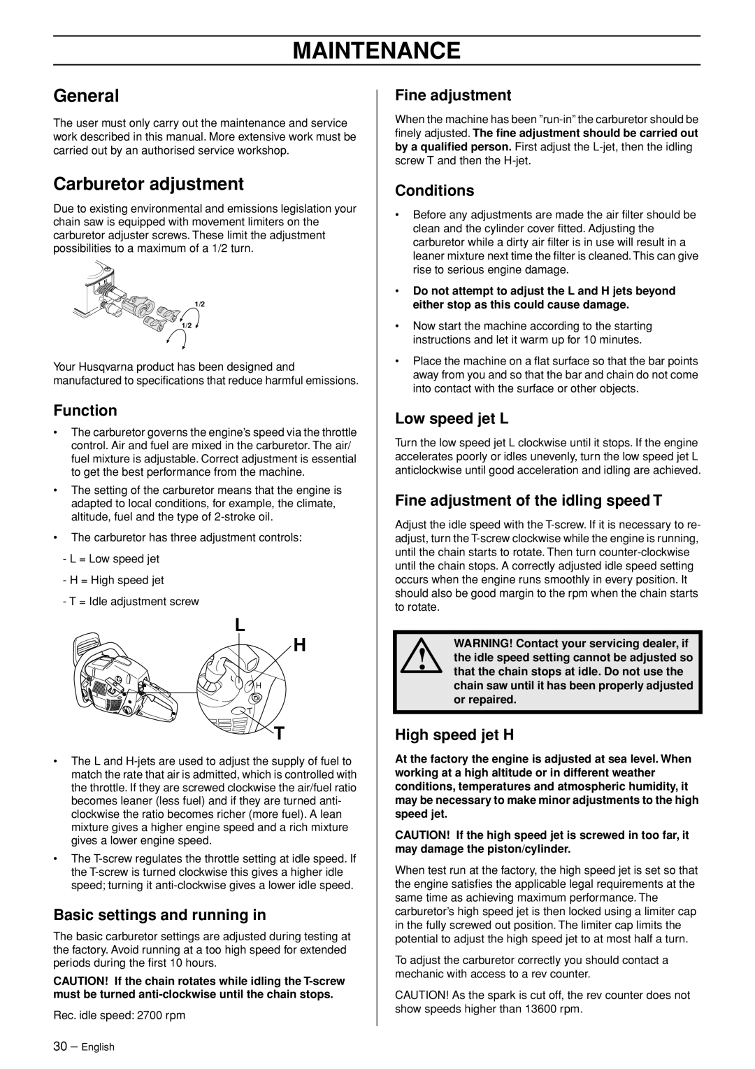 Jonsered CS 2255 manual Maintenance, General, Carburetor adjustment 