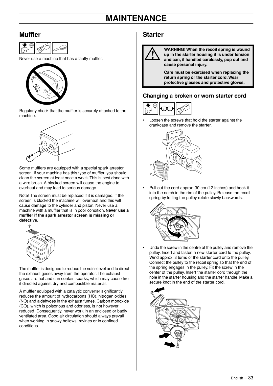 Jonsered CS 2255 manual Mufﬂer, Starter, Changing a broken or worn starter cord 