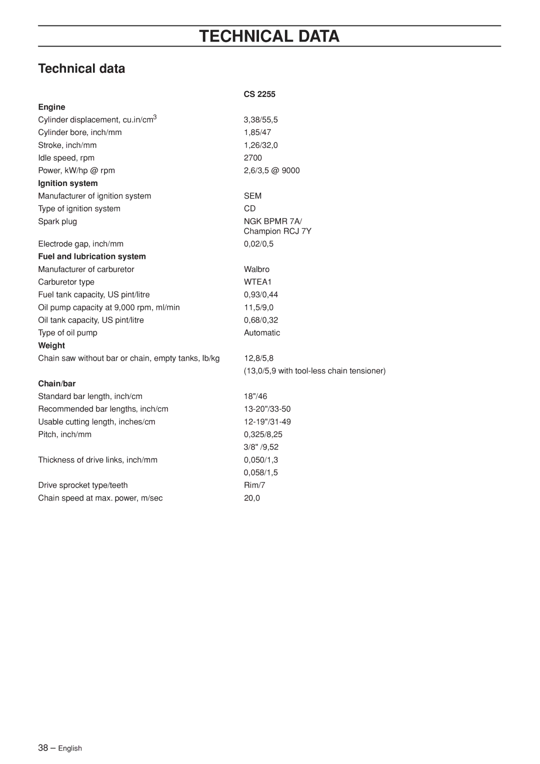 Jonsered CS 2255 manual Technical Data, Technical data 