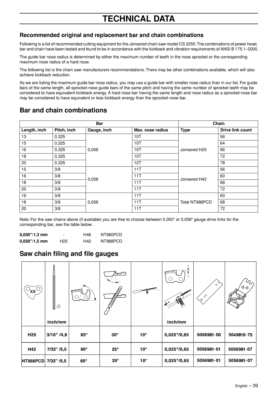 Jonsered CS 2255 manual Bar and chain combinations, Saw chain ﬁling and ﬁle gauges 