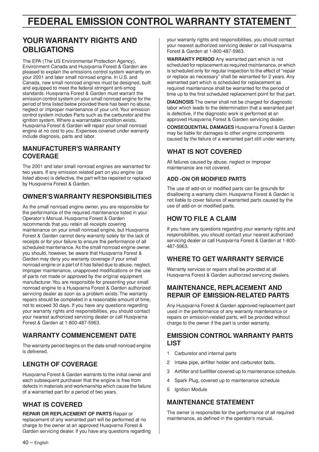 Jonsered CS 2255 manual Federal Emission Control Warranty Statement, Your Warranty Rights and Obligations 