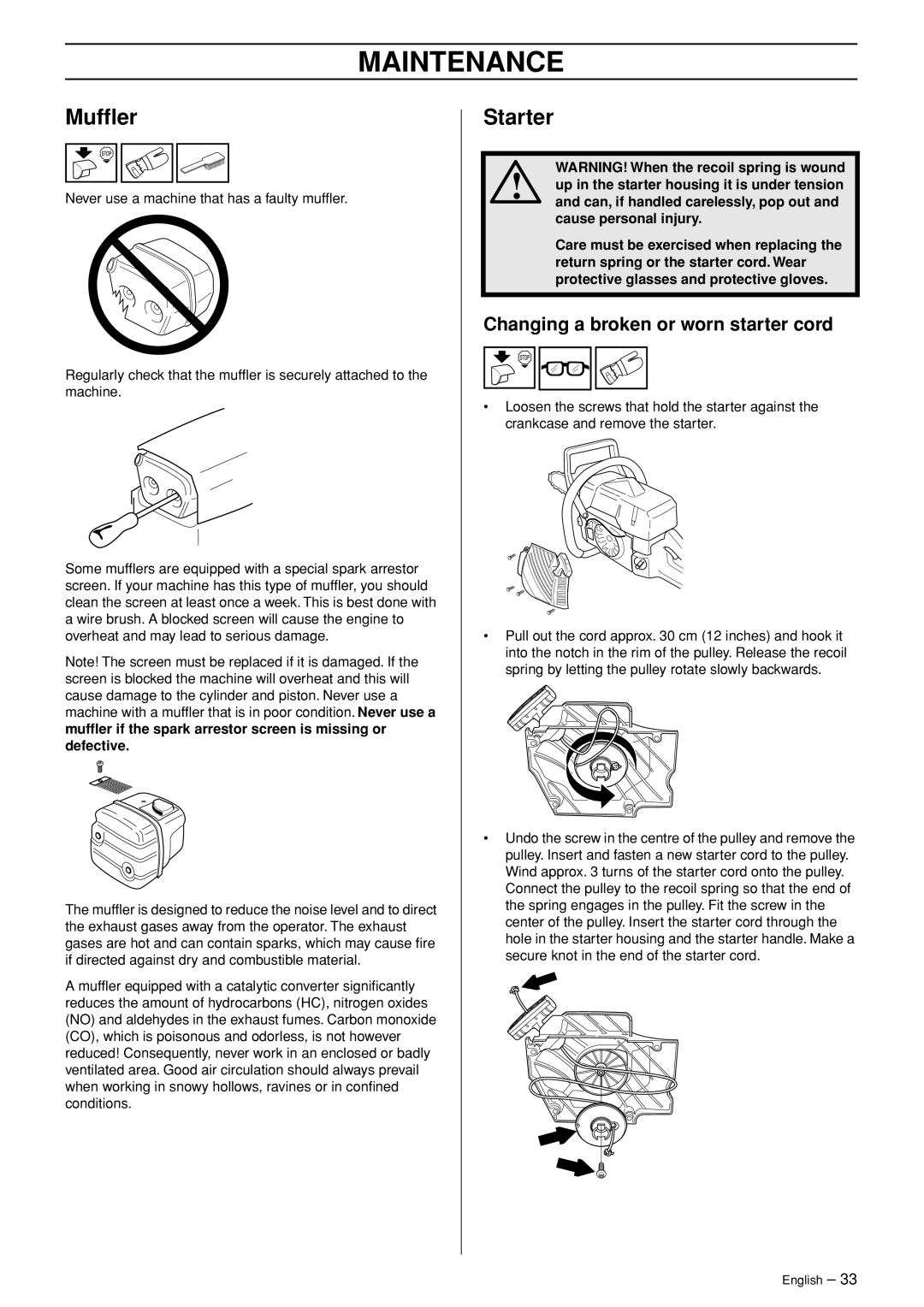 Jonsered CS 2255 manual Mufﬂer, Starter, Changing a broken or worn starter cord, Maintenance 