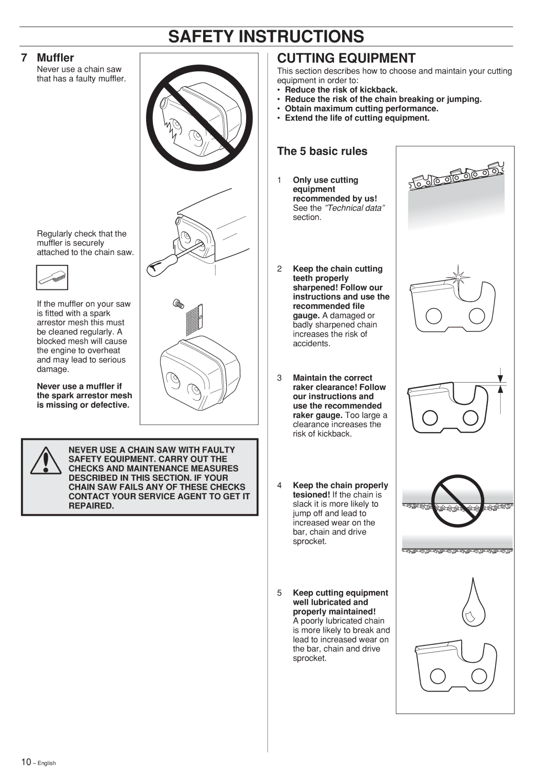 Jonsered CS 2171, CS2163, CS 2165 manual Cutting Equipment, basic rules 