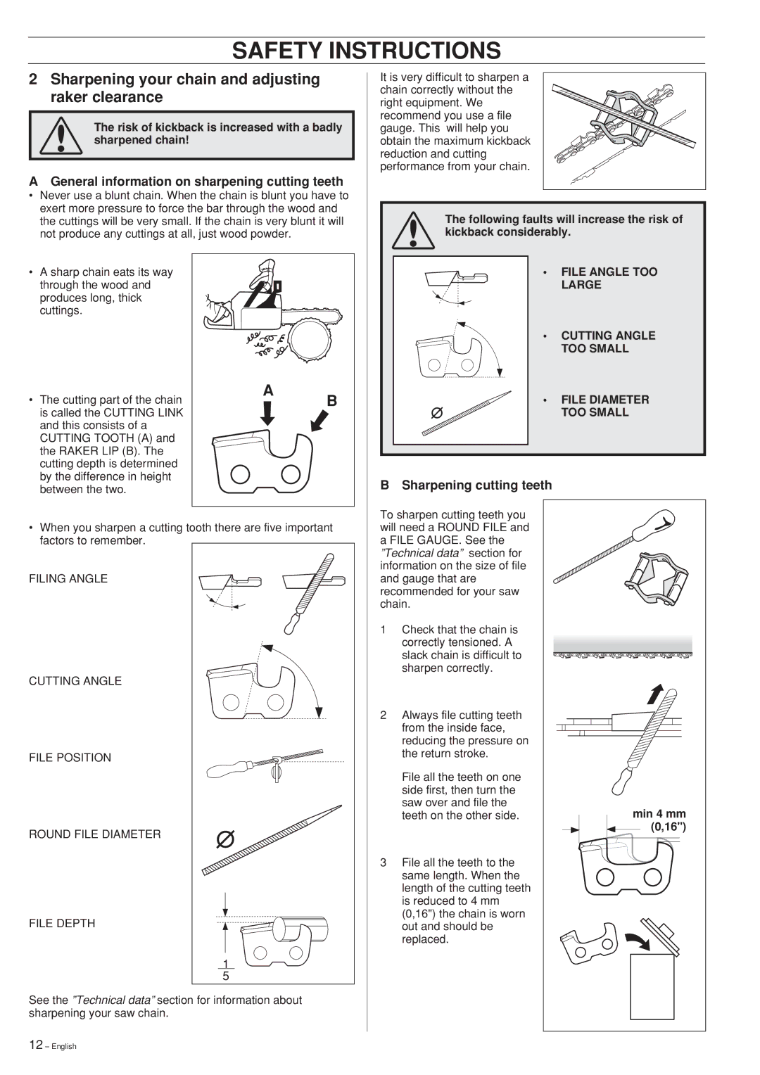 Jonsered CS2163 manual Sharpening your chain and adjusting raker clearance, General information on sharpening cutting teeth 