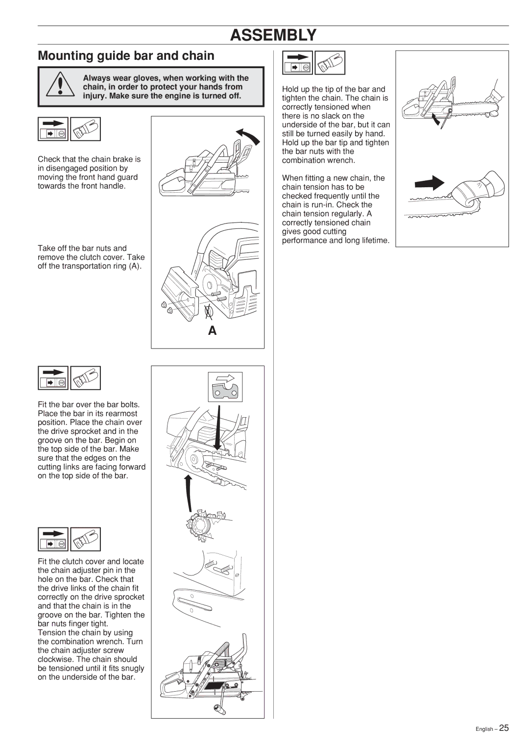 Jonsered CS 2171, CS2163, CS 2165 manual Assembly, Mounting guide bar and chain 