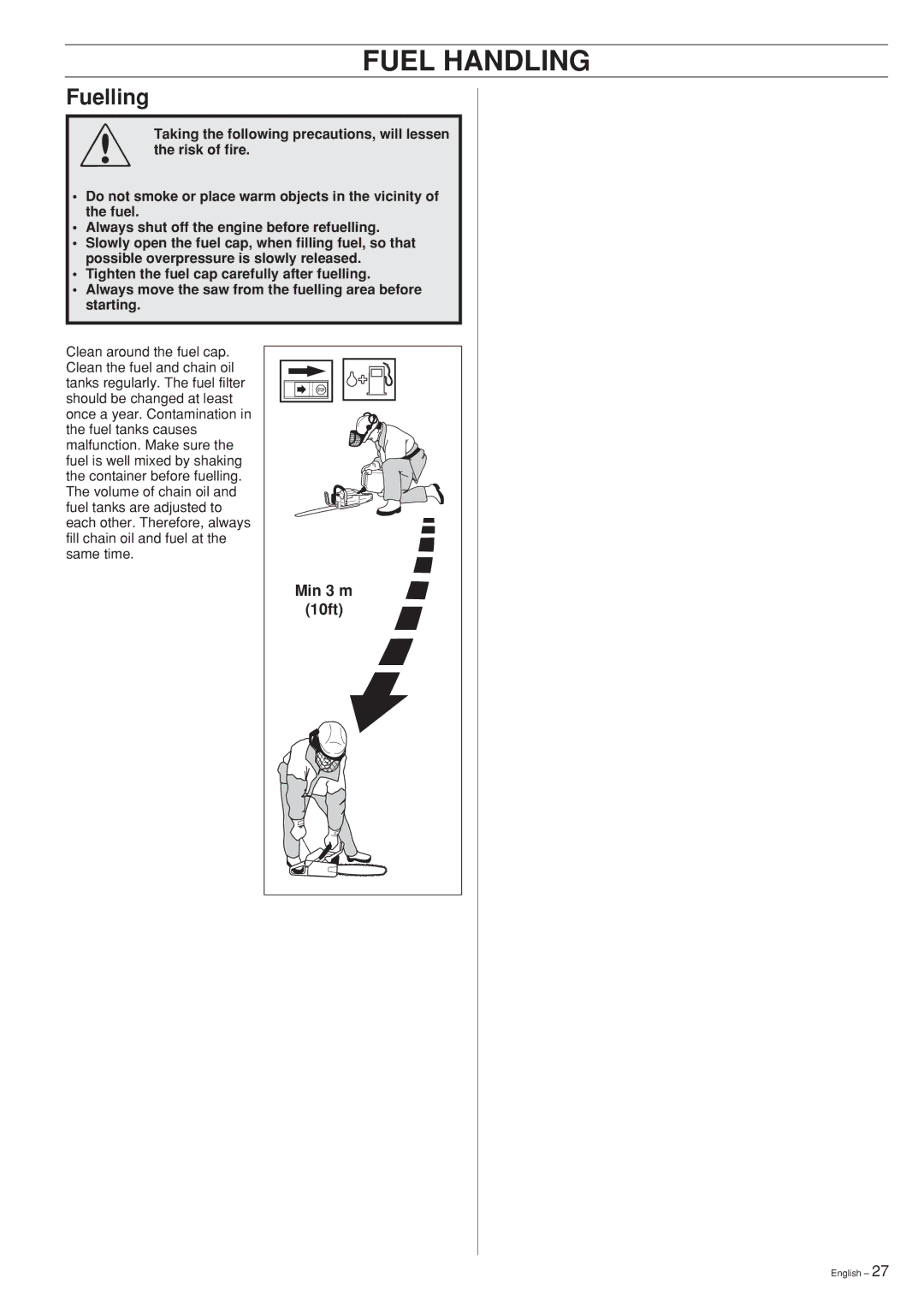 Jonsered CS2163, CS 2171, CS 2165 manual Fuelling, Min 3 m, 10ft 