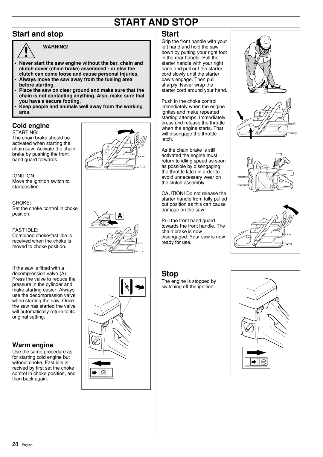 Jonsered CS 2171, CS2163, CS 2165 manual Start and Stop, Start and stop 