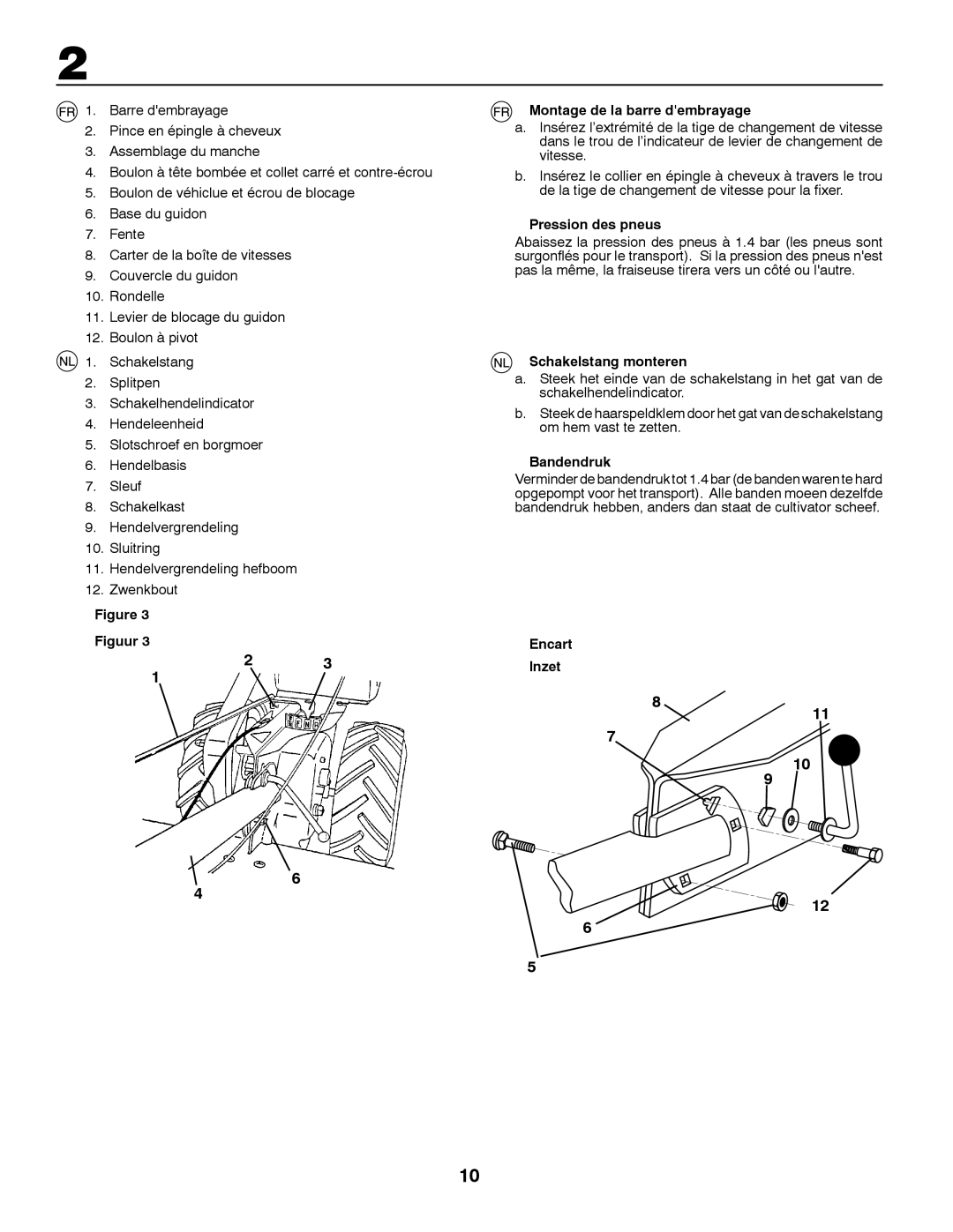 Jonsered CT2105 R instruction manual Montage de la barre dembrayage, Pression des pneus, Schakelstang monteren, Bandendruk 