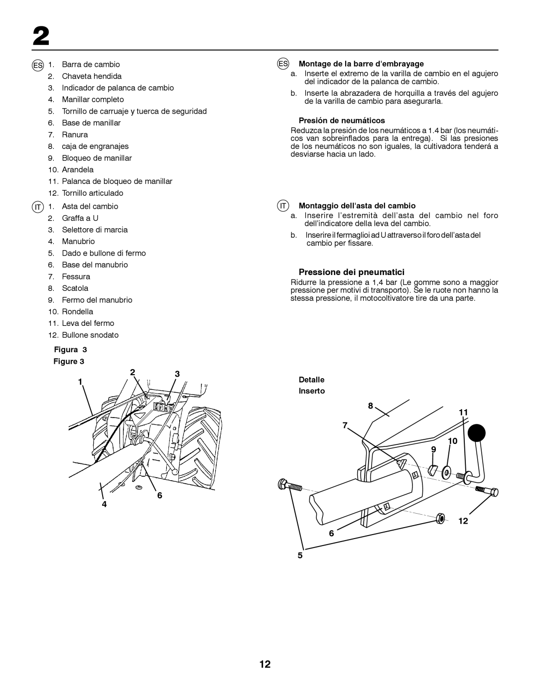 Jonsered CT2105 R Pressione dei pneumatici, Presión de neumáticos, Montaggio dellasta del cambio, Detalle Inserto 