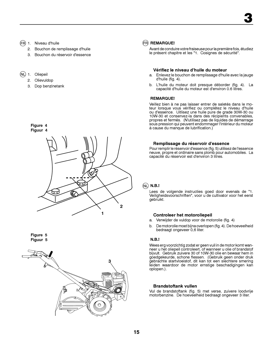 Jonsered CT2105 R Vérifiez le niveau dhuile du moteur, Remplissage du réservoir dessence, Controleer het motoroliepeil 