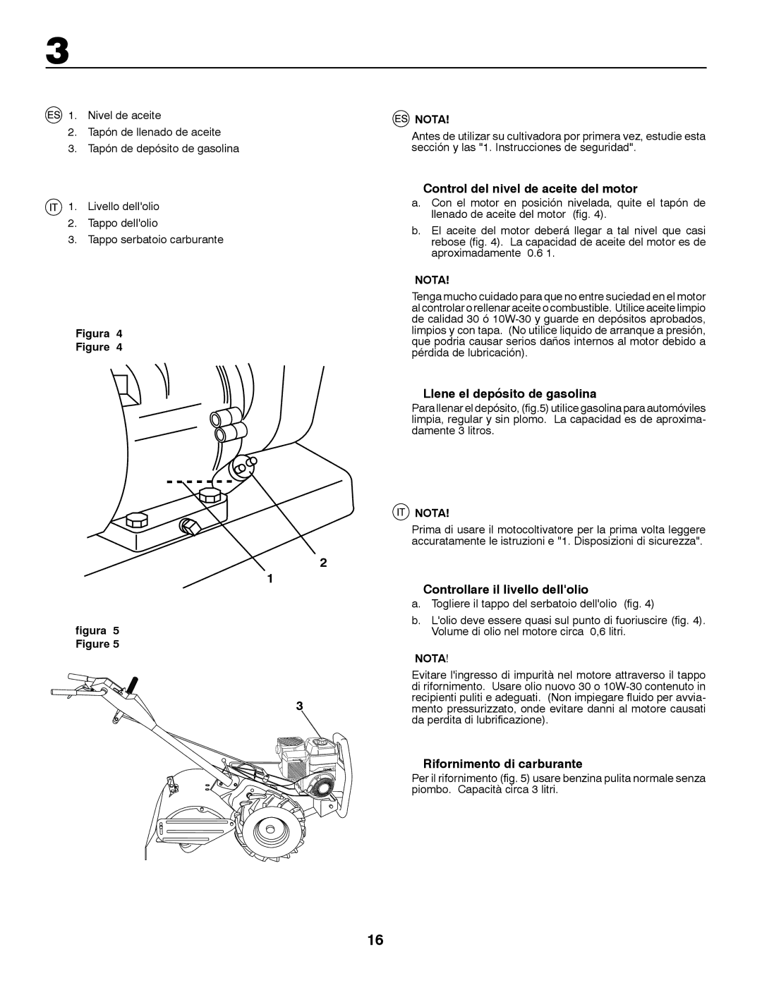 Jonsered CT2105 R Control del nivel de aceite del motor, Llene el depósito de gasolina, Controllare il livello dellolio 