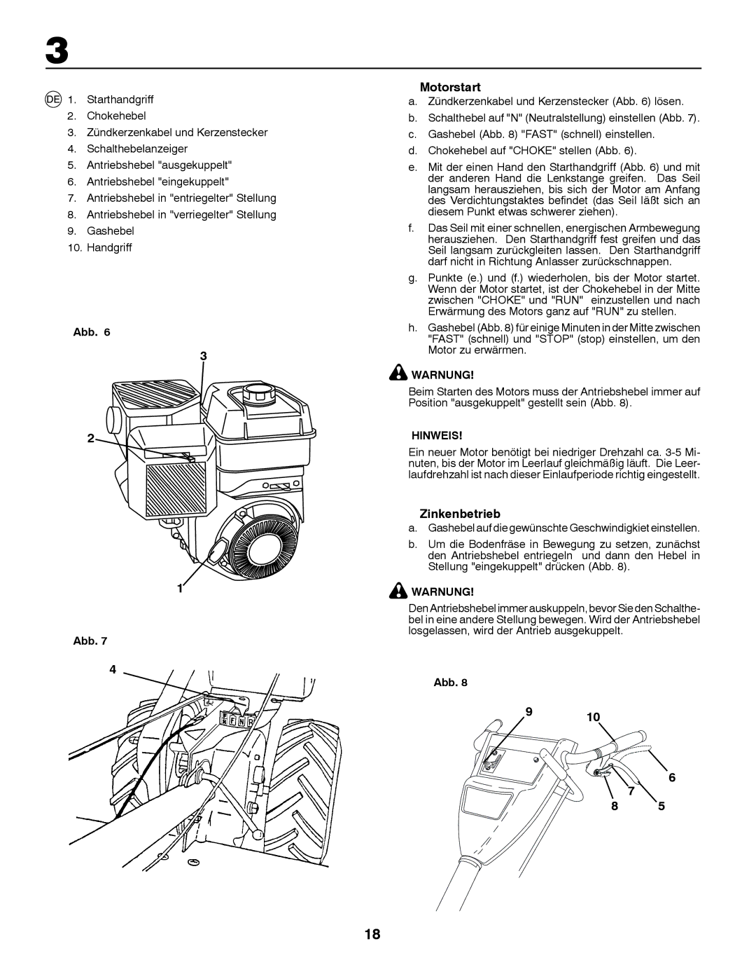 Jonsered CT2105 R instruction manual Motorstart, Zinkenbetrieb, Warnung 