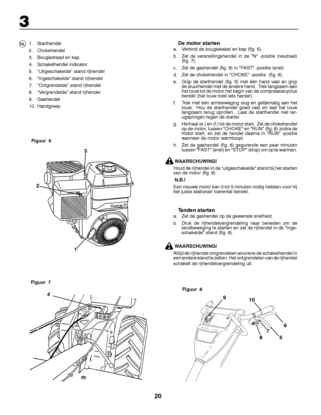 Jonsered CT2105 R instruction manual De motor starten, Tanden starten, Waarschuwing 