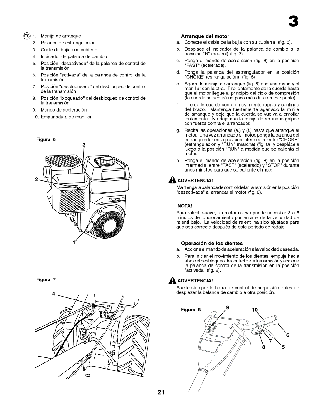 Jonsered CT2105 R instruction manual Arranque del motor, Operación de los dientes, Advertencia 