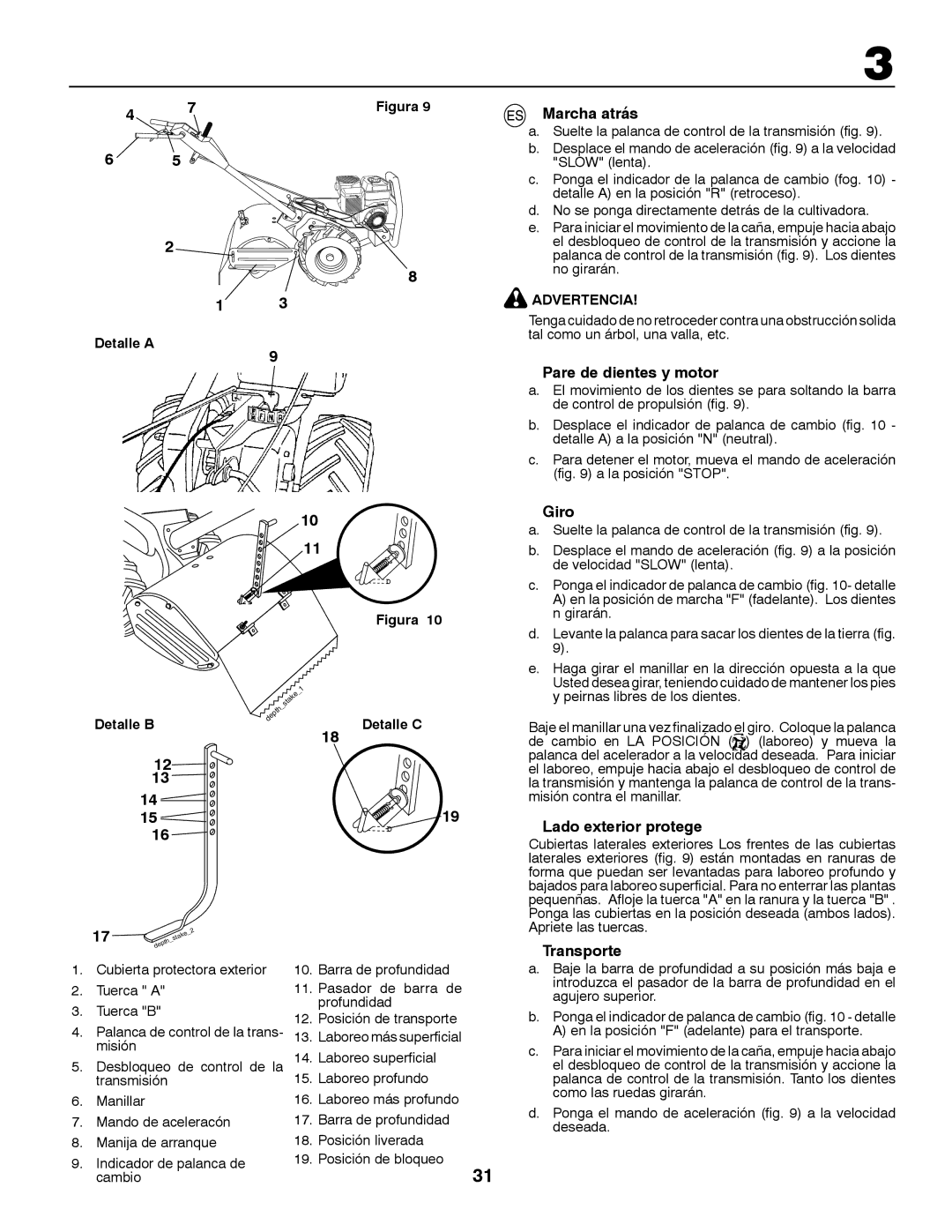 Jonsered CT2105 R instruction manual Marcha atrás, Pare de dientes y motor, Giro, Lado exterior protege, Transporte 