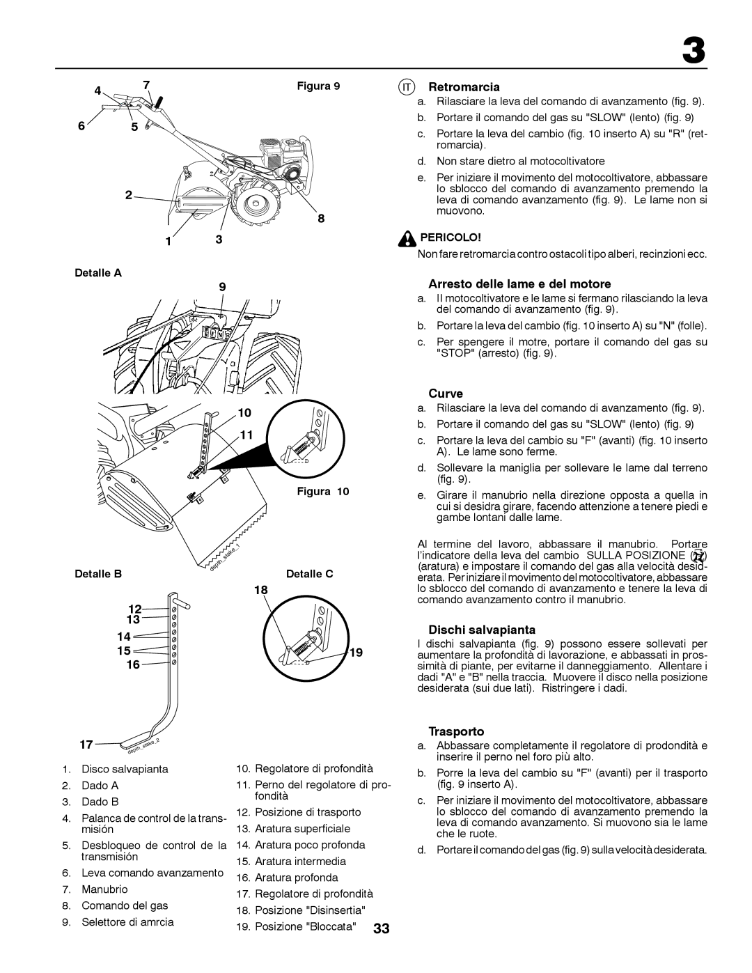 Jonsered CT2105 R instruction manual Retromarcia, Arresto delle lame e del motore, Curve, Dischi salvapianta, Trasporto 