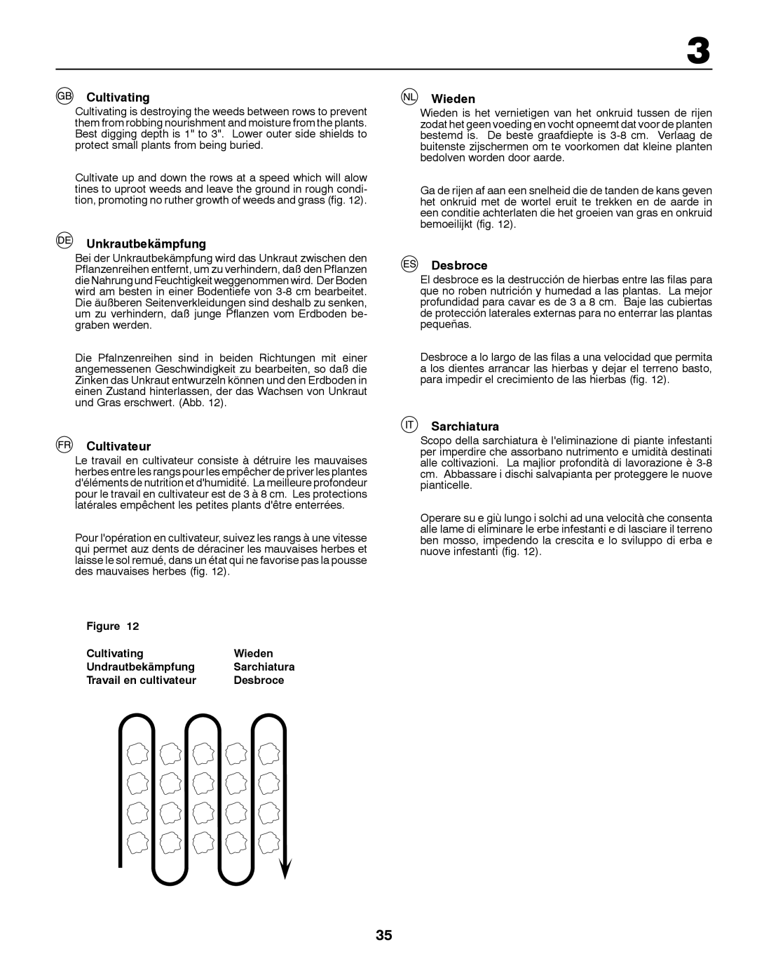 Jonsered CT2105 R instruction manual Cultivating, Unkrautbekämpfung, Cultivateur, Wieden, Desbroce, Sarchiatura 