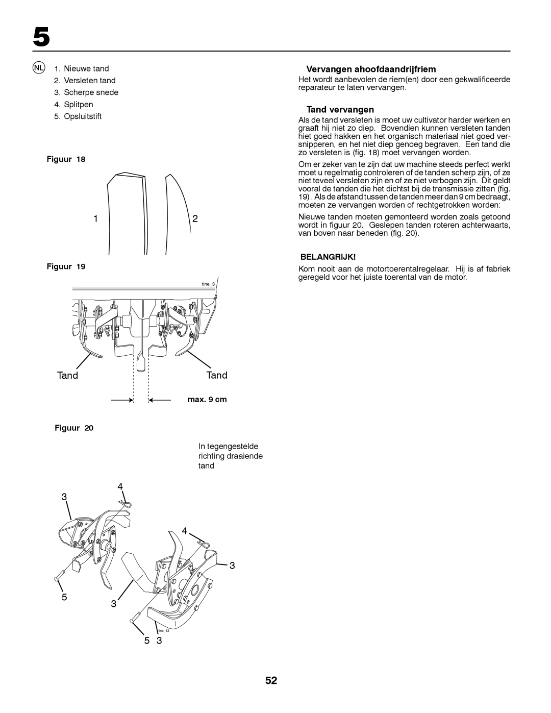 Jonsered CT2105 R Vervangen ahoofdaandrijfriem, Tand vervangen, Max cm Figuur, Tegengestelde richting draaiende tand 