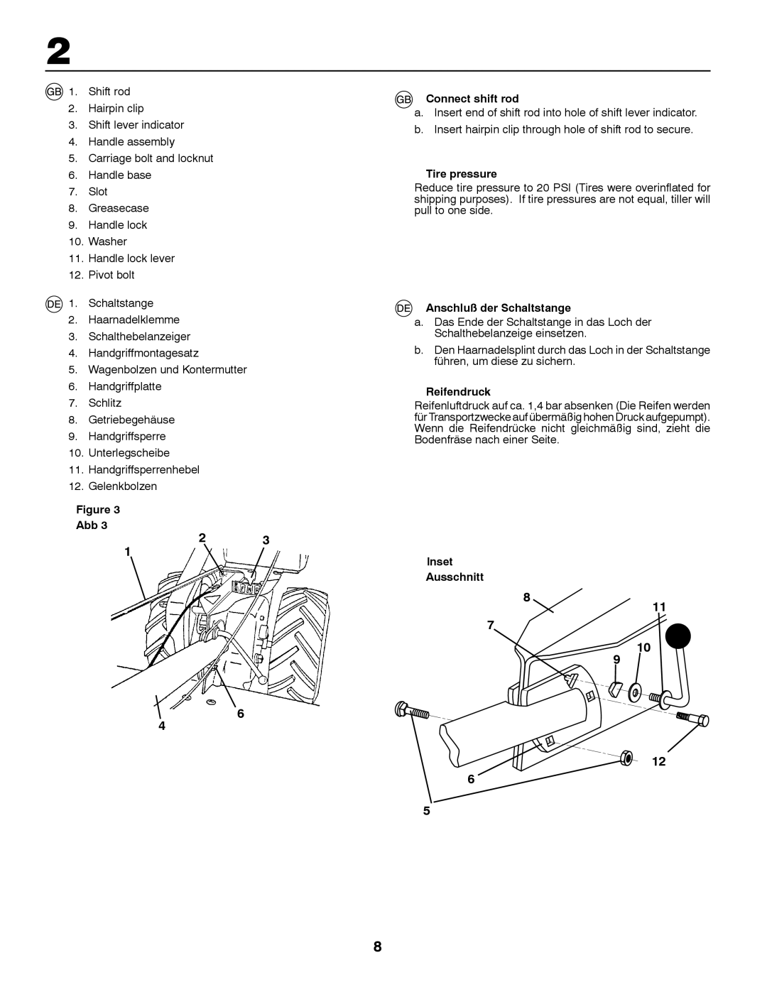 Jonsered CT2105 R Connect shift rod, Tire pressure, Anschluß der Schaltstange, Reifendruck, Abb Inset Ausschnitt 