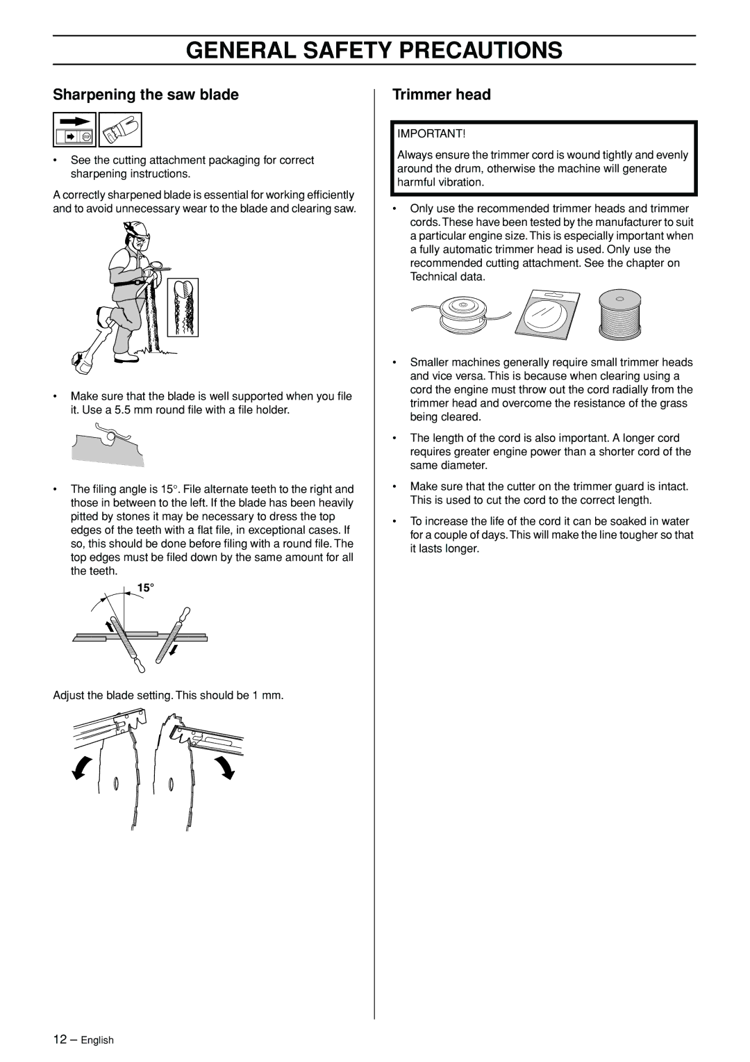 Jonsered FC 2145S manual Sharpening the saw blade, Trimmer head 