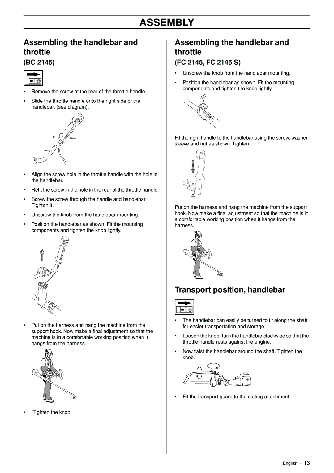 Jonsered FC 2145S Assembly, Assembling the handlebar and throttle, Transport position, handlebar, FC 2145, FC 2145 S 