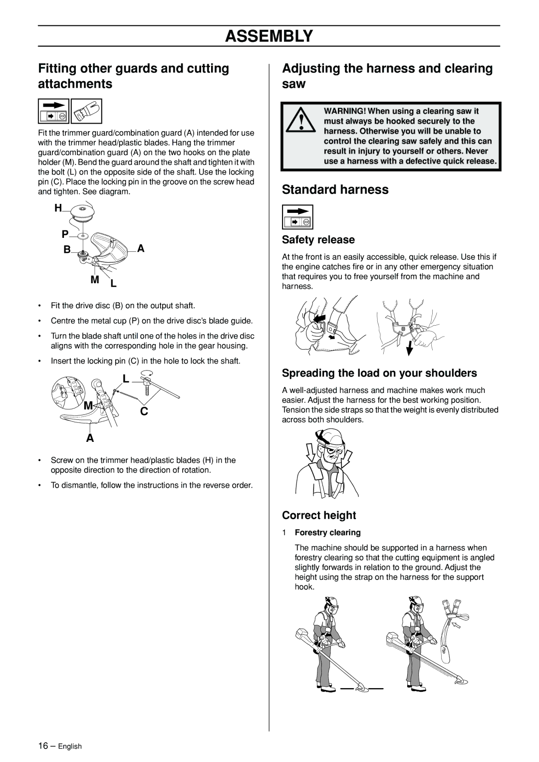 Jonsered FC 2145S Fitting other guards and cutting attachments, Adjusting the harness and clearing saw, Standard harness 