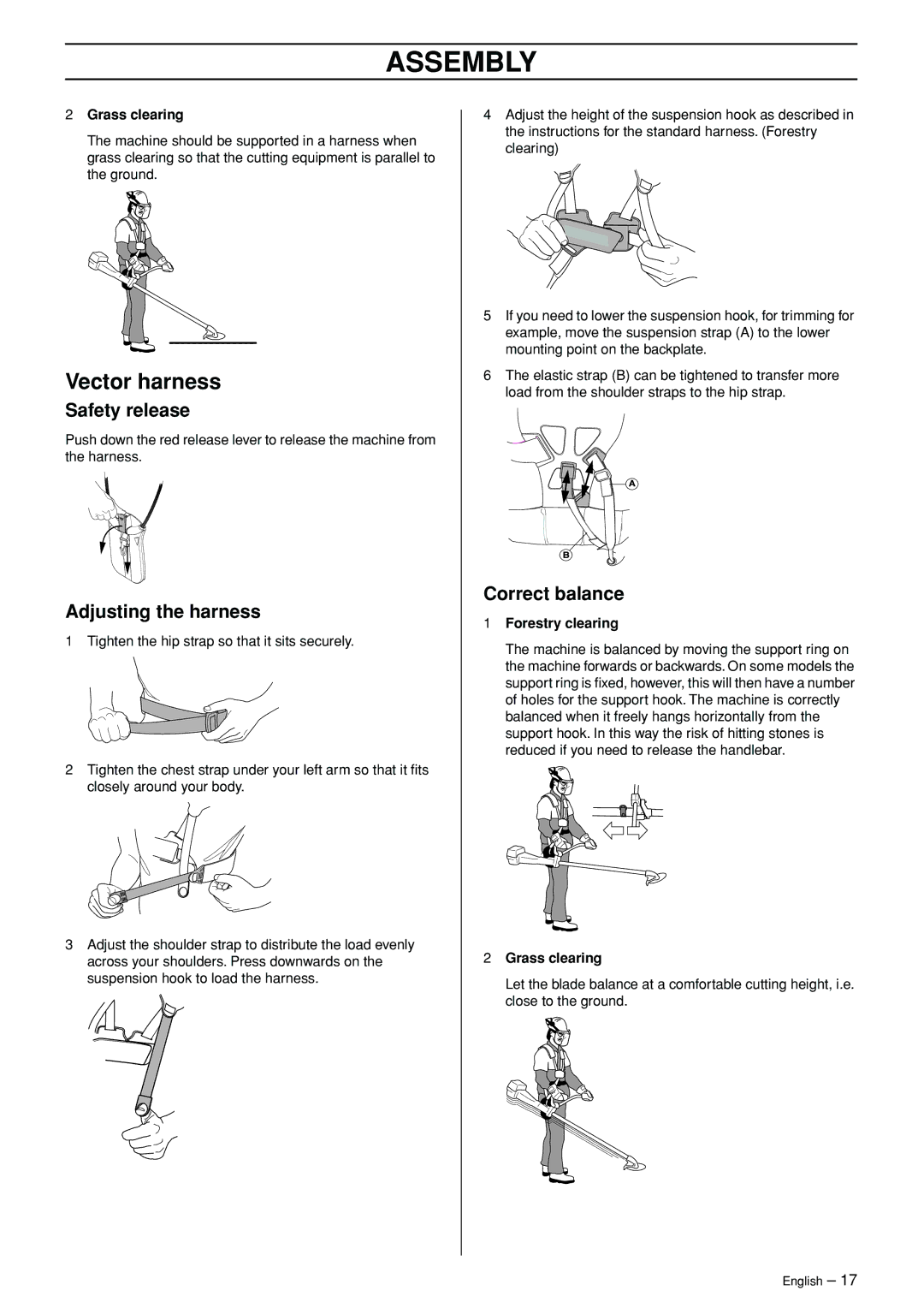 Jonsered FC 2145S manual Vector harness, Adjusting the harness, Correct balance, Grass clearing 