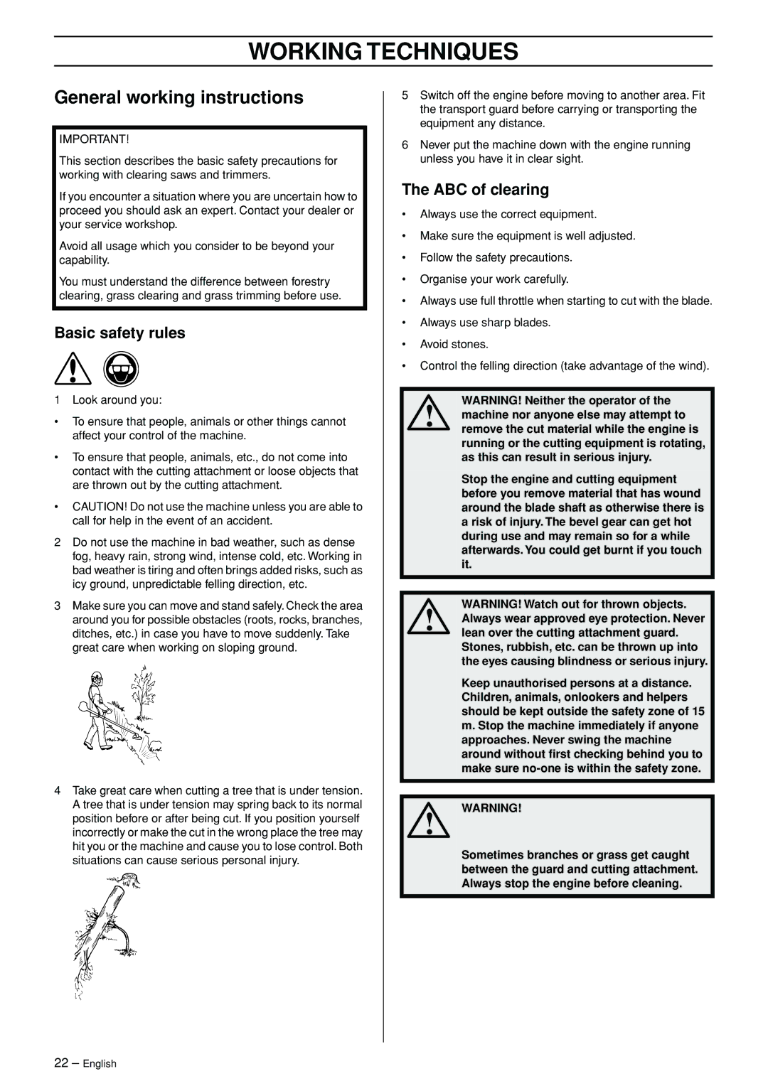 Jonsered FC 2145S manual Working Techniques, General working instructions, Basic safety rules, ABC of clearing 