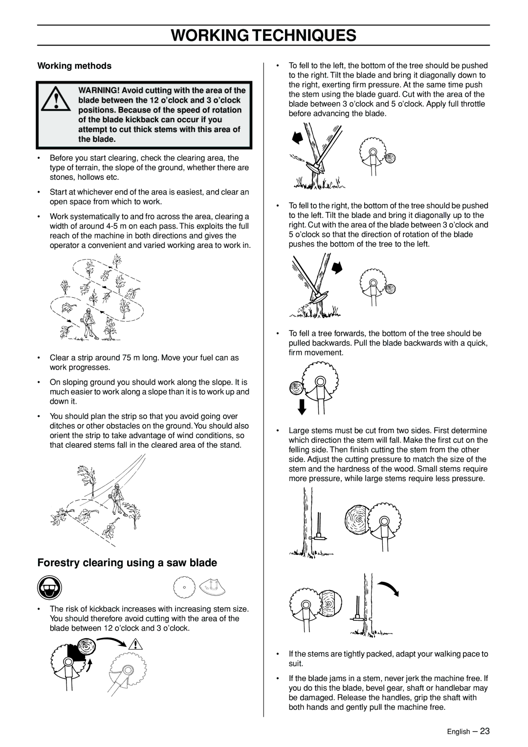 Jonsered FC 2145S manual Forestry clearing using a saw blade, Working methods 