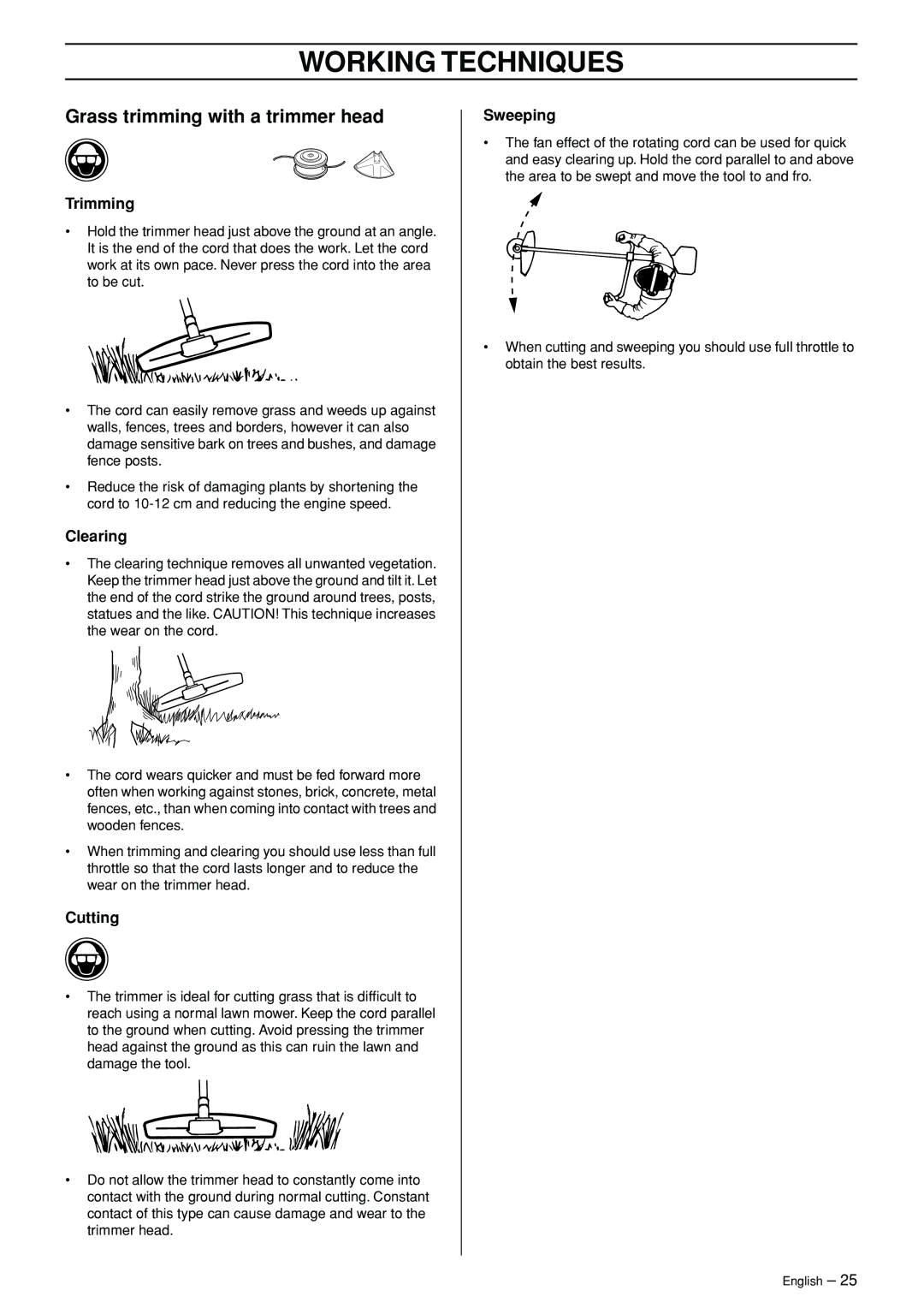 Jonsered FC 2145S manual Grass trimming with a trimmer head, Trimming 