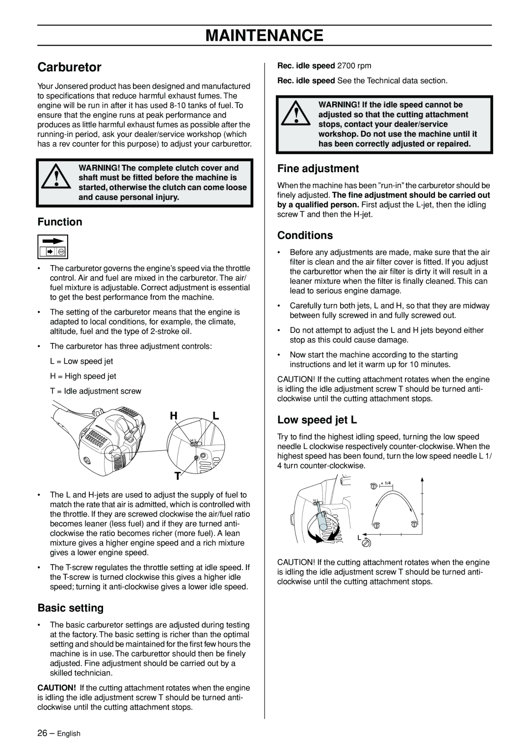 Jonsered FC 2145S manual Maintenance, Carburetor 