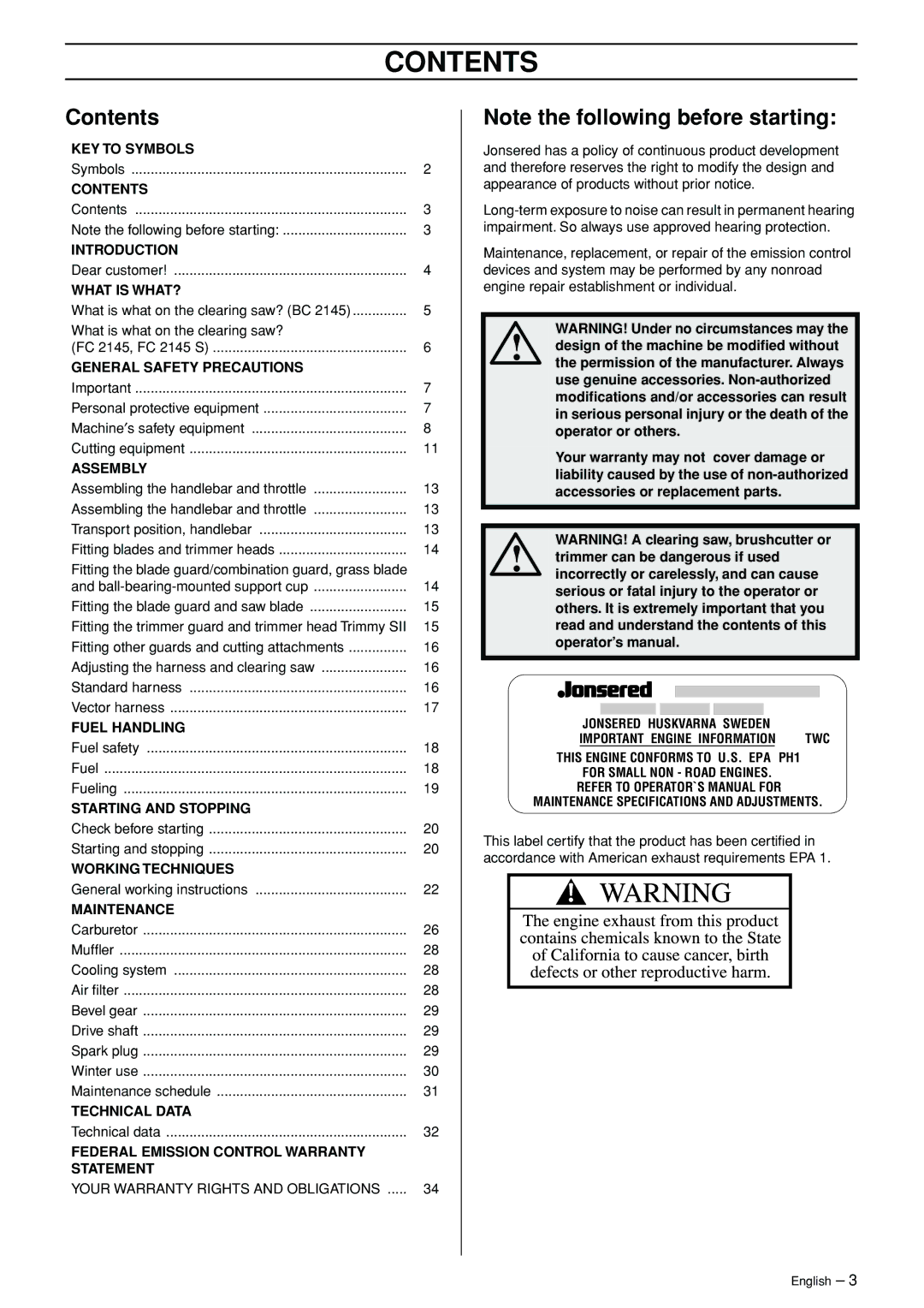 Jonsered FC 2145S manual Contents 