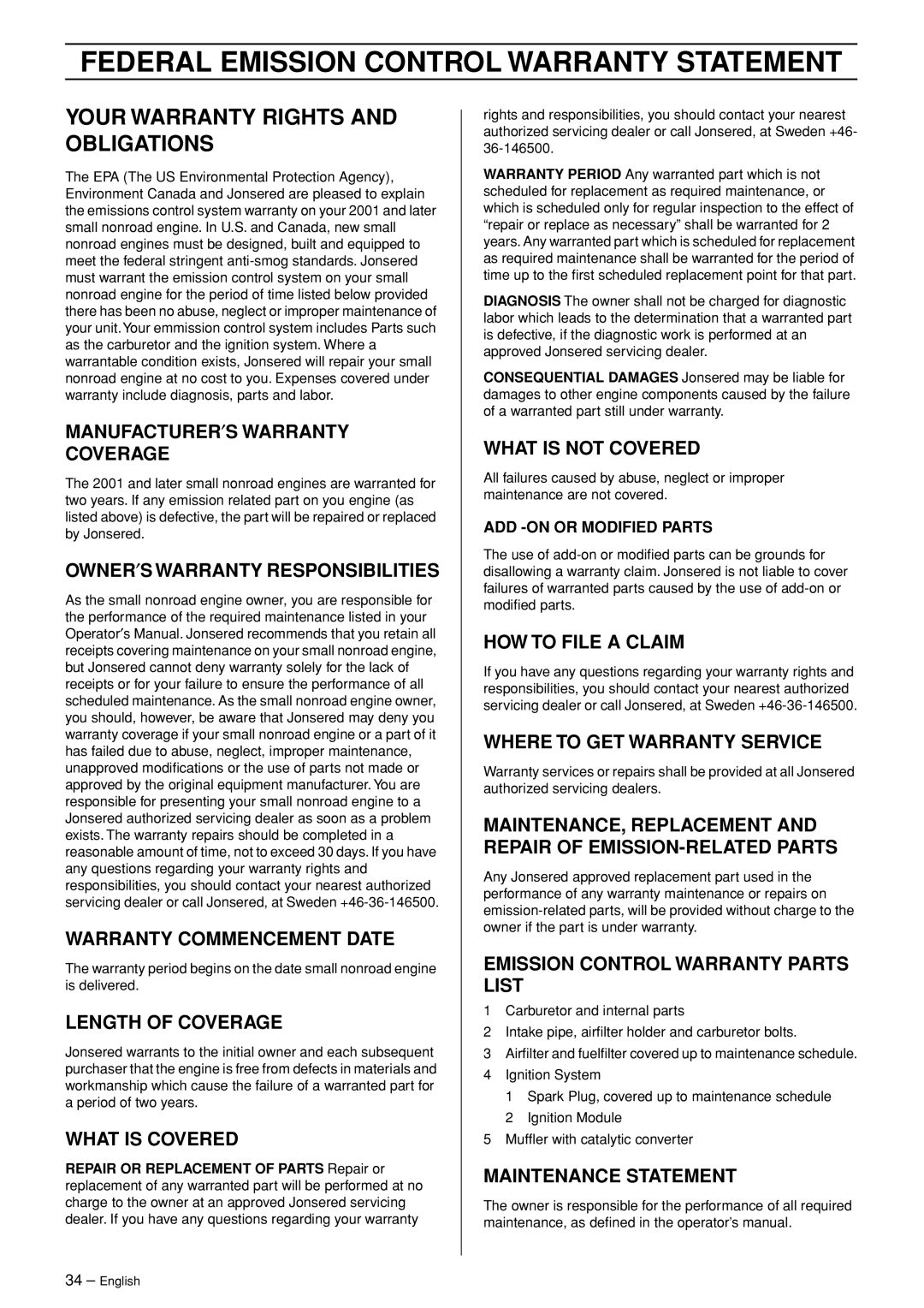 Jonsered FC 2145S manual Federal Emission Control Warranty Statement, Your Warranty Rights and Obligations 