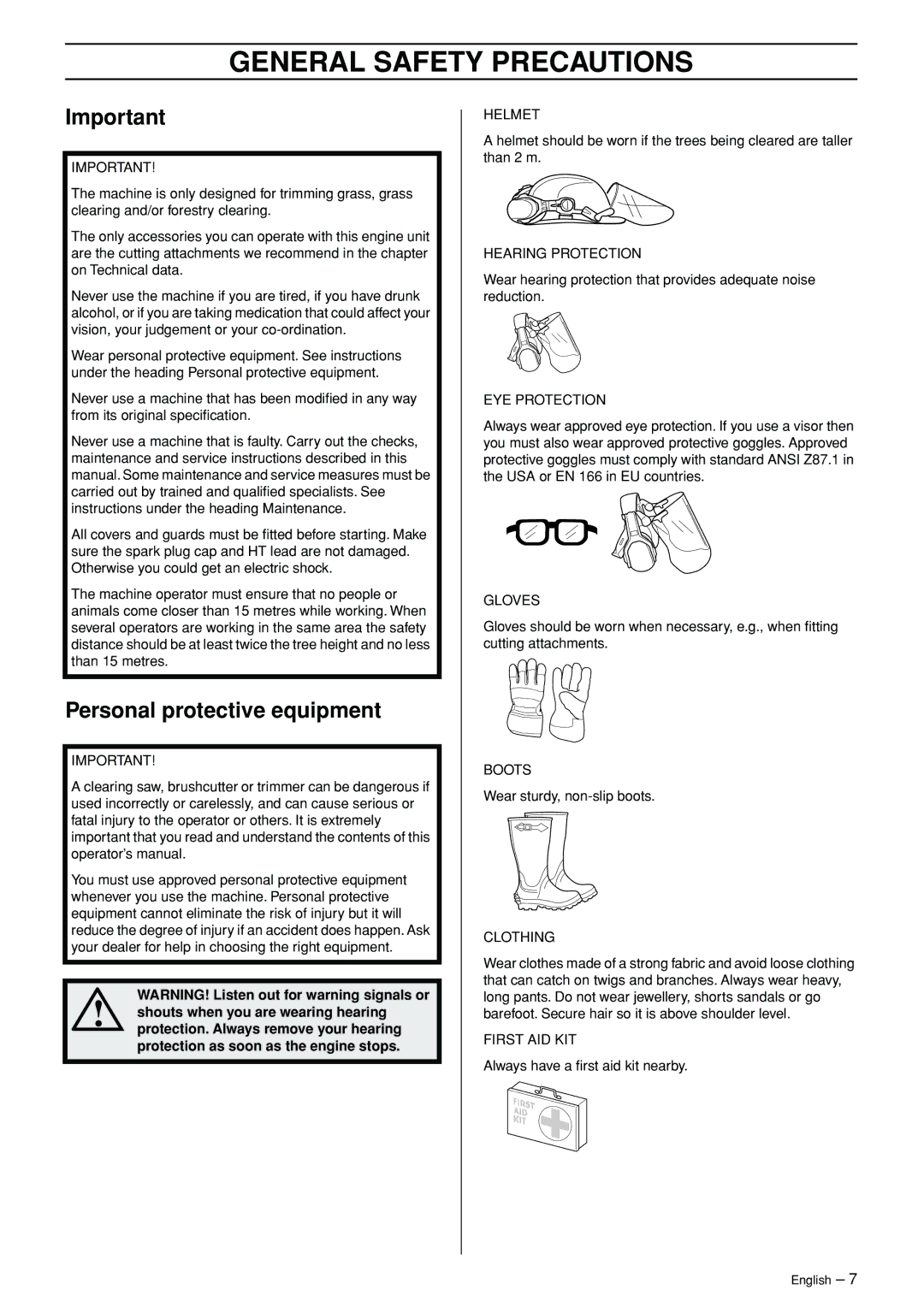 Jonsered FC 2145S manual General Safety Precautions, Personal protective equipment 