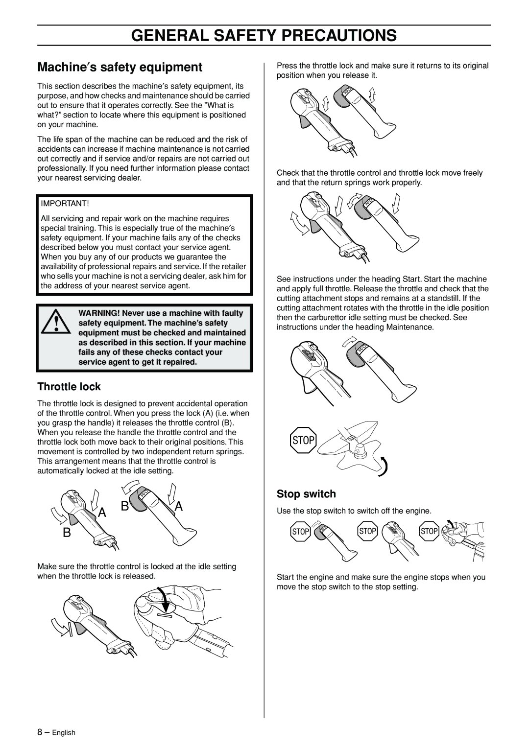 Jonsered FC 2145S manual Machine′s safety equipment, Throttle lock, Stop switch 