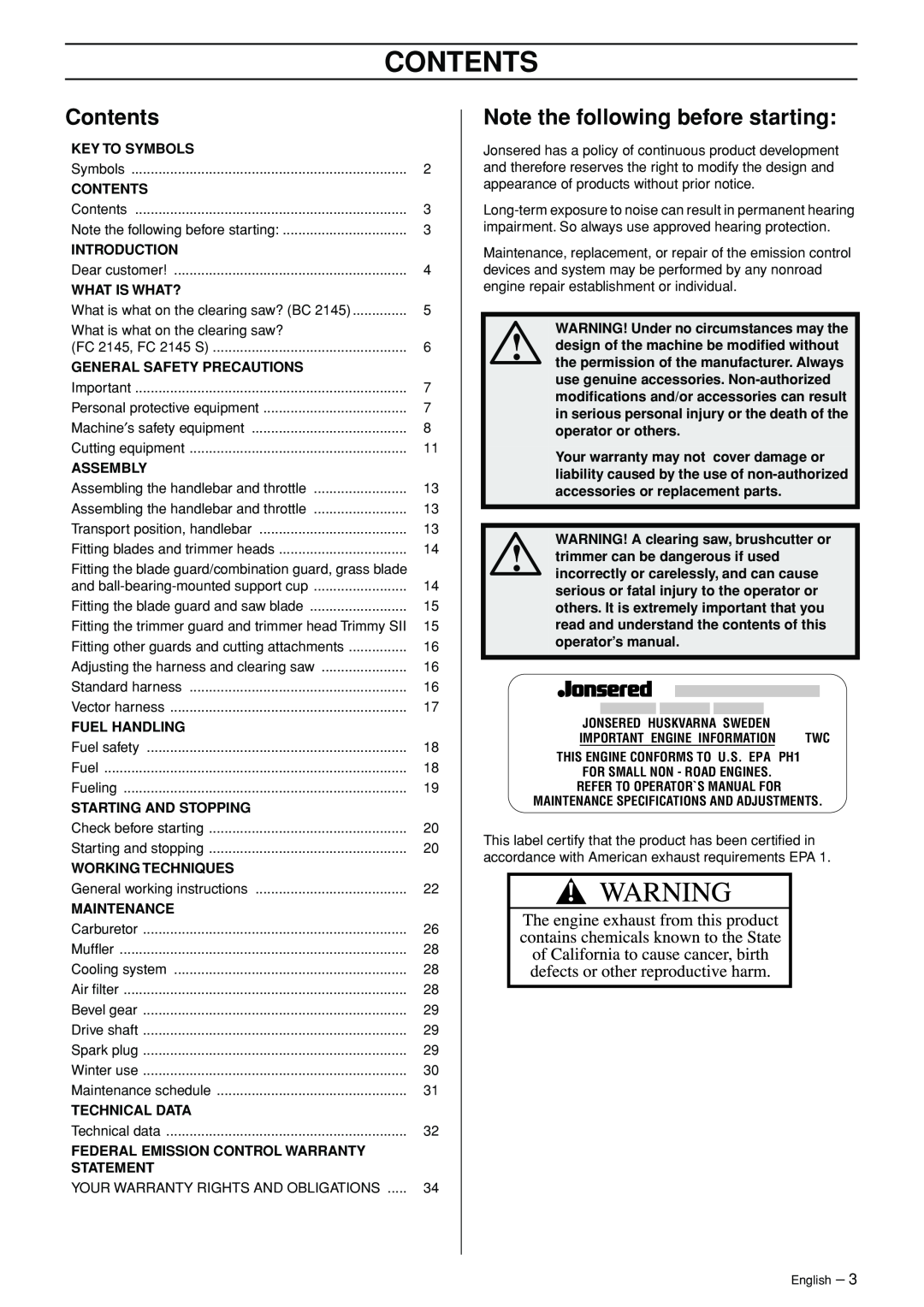 Jonsered FC 2145 manual Contents, Note the following before starting, Key To Symbols, Introduction, What Is What?, Assembly 