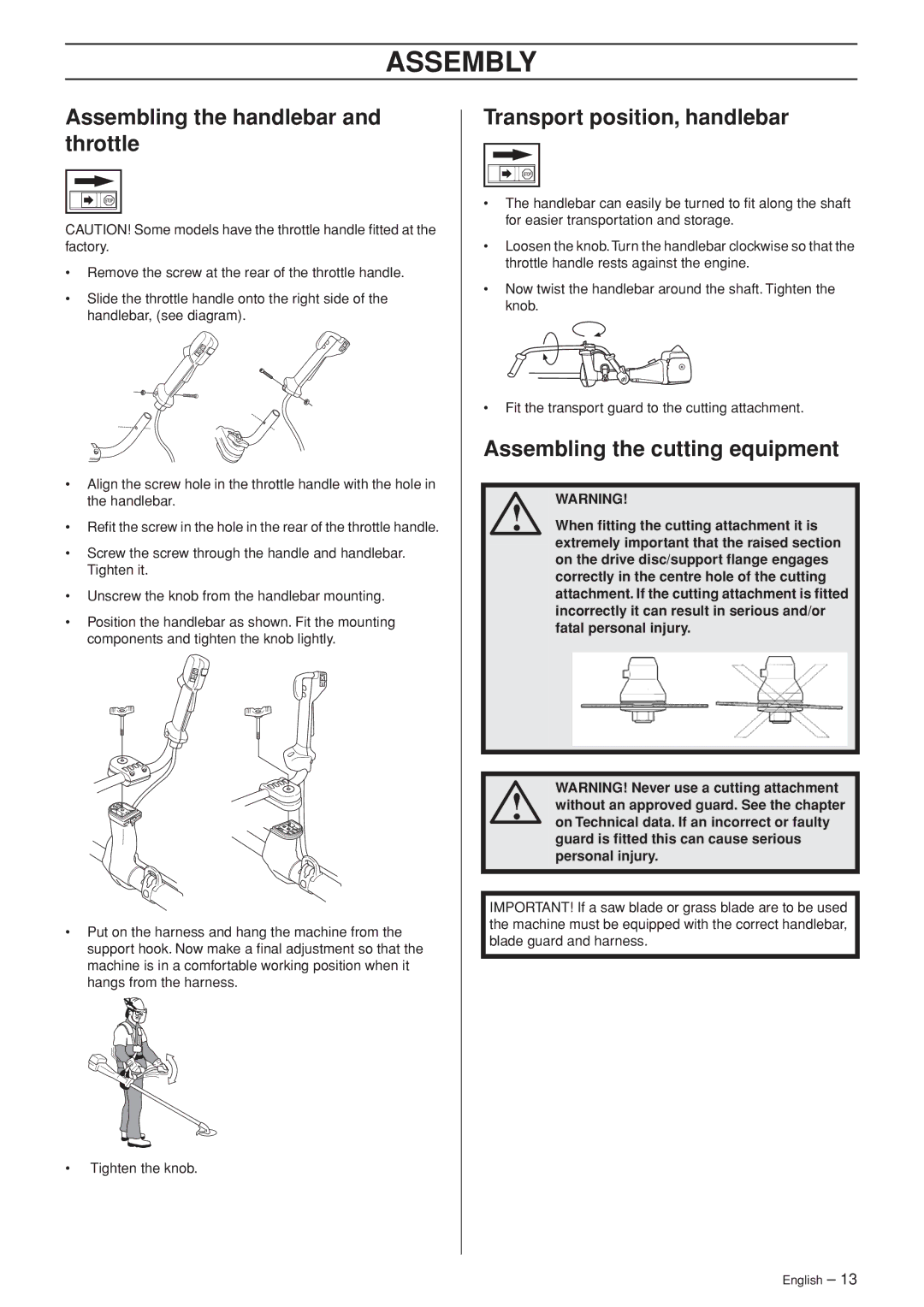 Jonsered FC 2255W, BC 2255 manual Assembly, Assembling the handlebar and throttle, Transport position, handlebar 