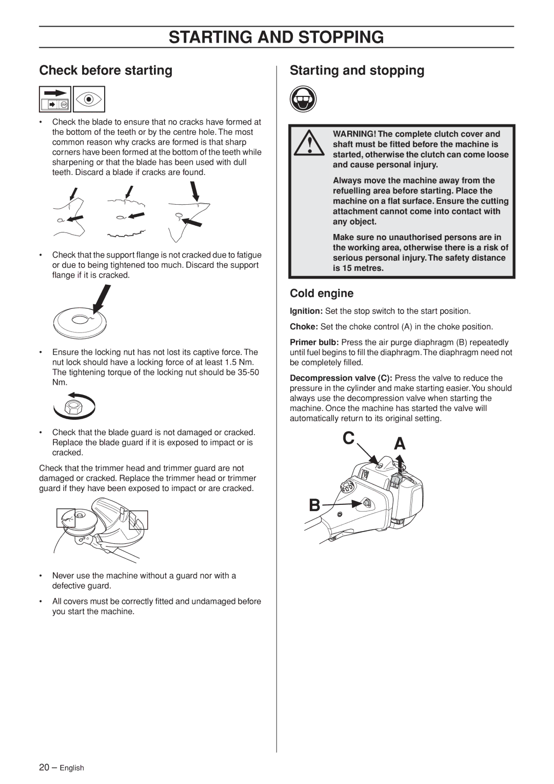 Jonsered BC 2255, FC 2255W manual Starting and Stopping, Check before starting, Starting and stopping, Cold engine 