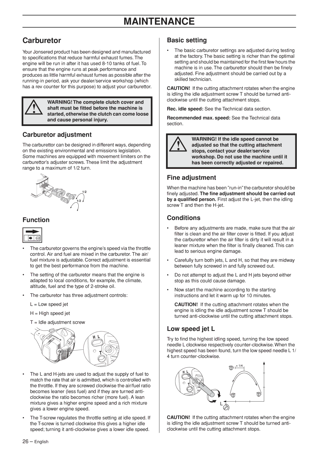 Jonsered BC 2255, FC 2255W manual Maintenance, Carburetor 