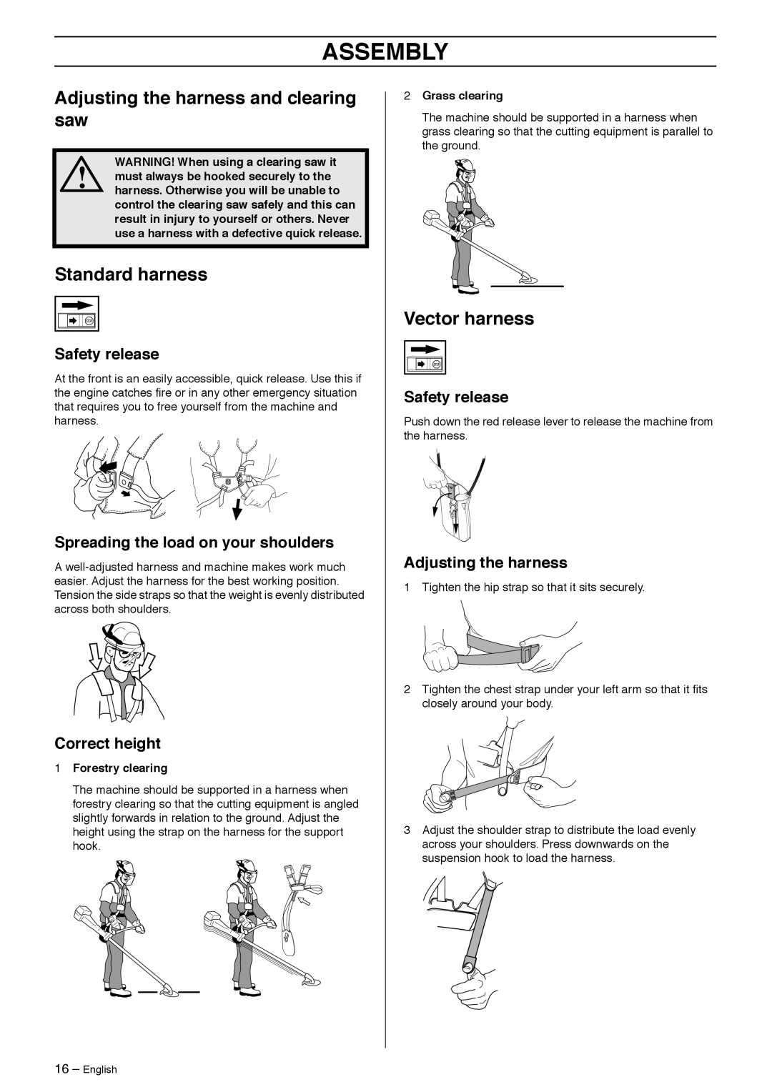 Jonsered FC2145W, BC2145 manual Adjusting the harness and clearing saw, Standard harness, Vector harness 